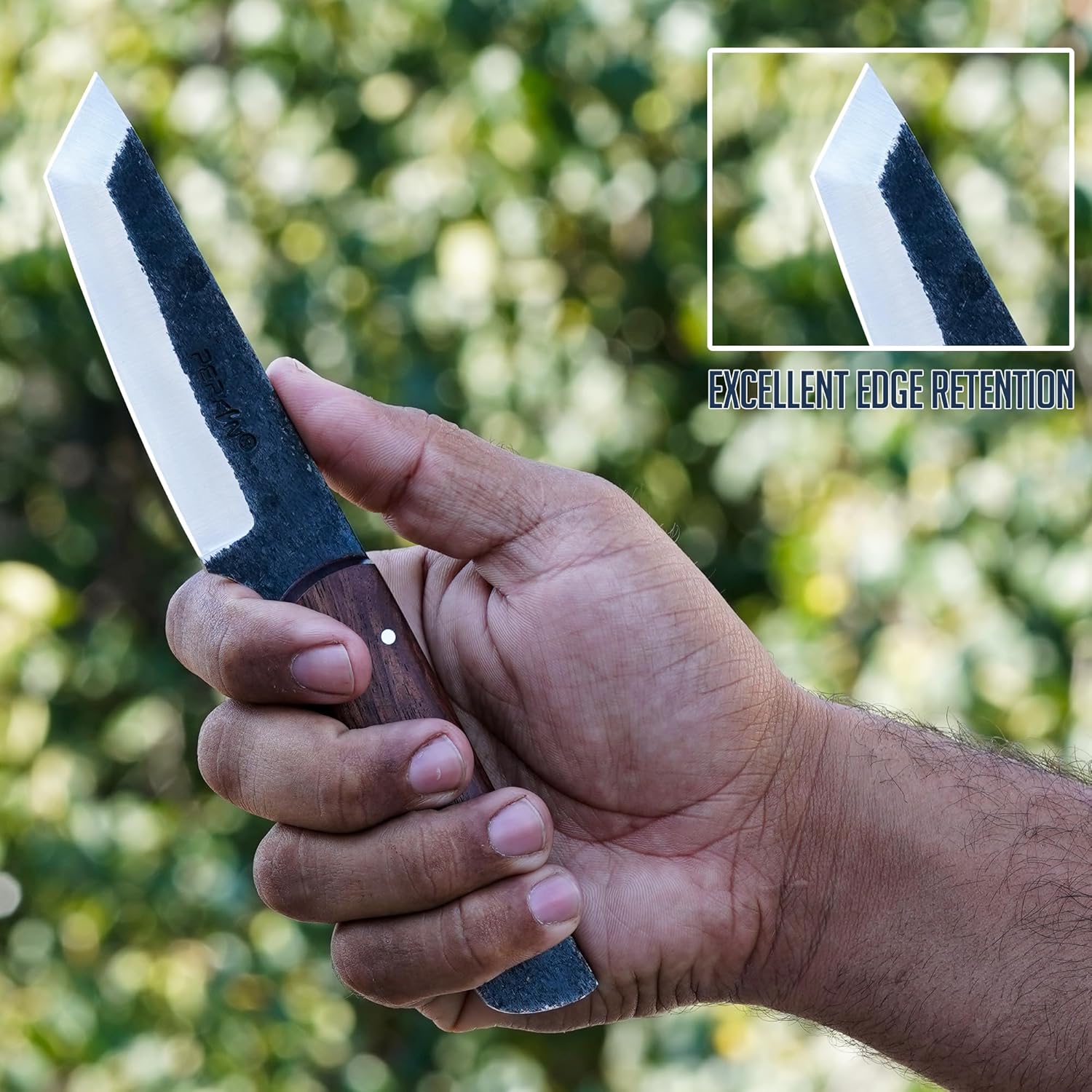 Perkin PK800 Fixed Blade Hunting Knife with Leather Sheath – 7.75” Full Tang 1095 Steel Tanto Blade, Walnut Wood Handle – Bushcraft, Camping, Fishing & Survival Knife for Outdoor