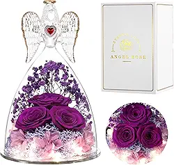 Eaprala Presentes de aniversário para mulheres avó mãe namorada, flor preservada exclusivas três rosas reais em vidro estatuetas de anjo, presentes de anjos para ela no Natal, dia dos namorados, dia das mães. Roxo