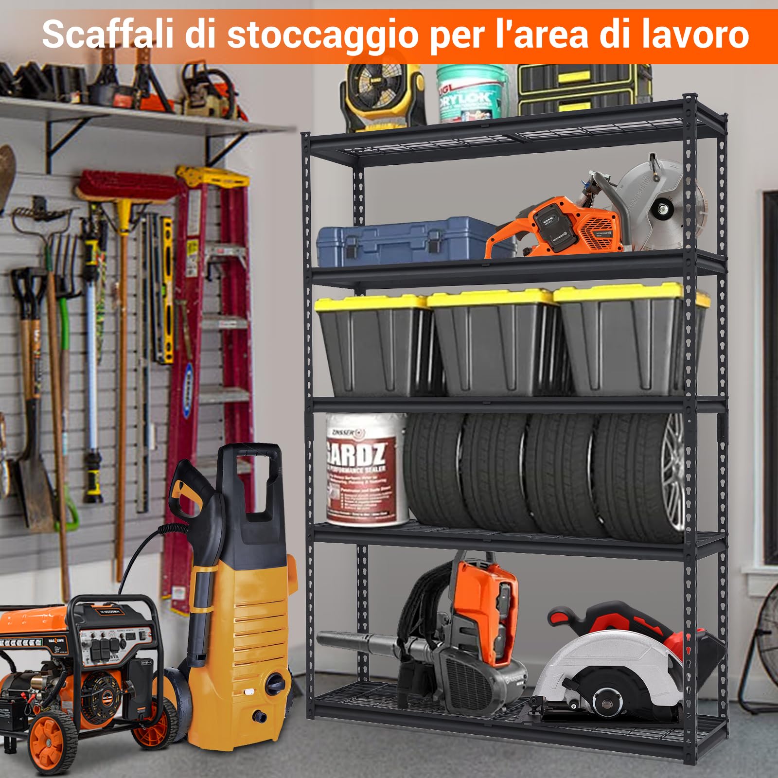 Garvee Scaffalatura Garage in Metallo 5 Ripiani Carichi Pesanti Ripiani Regolabili Capacità Di Carico 1360 kg Industriale Acciaio Officina, Cantina, Ripostiglio 122x61x183 cm