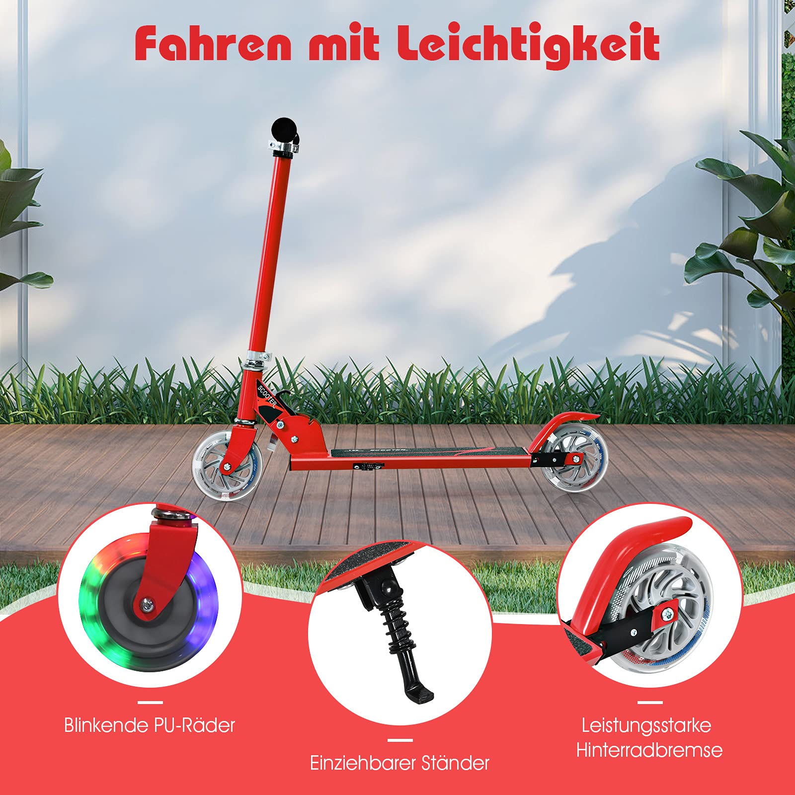 COSTWAY Kinder Roller mit LED Rädern, Kinder Scooter ab 4 Jahre, 70 kg belastbar, Cityroller höhenverstellbar, Kinder Kickscooter Tretroller für Jungen und Mädchen