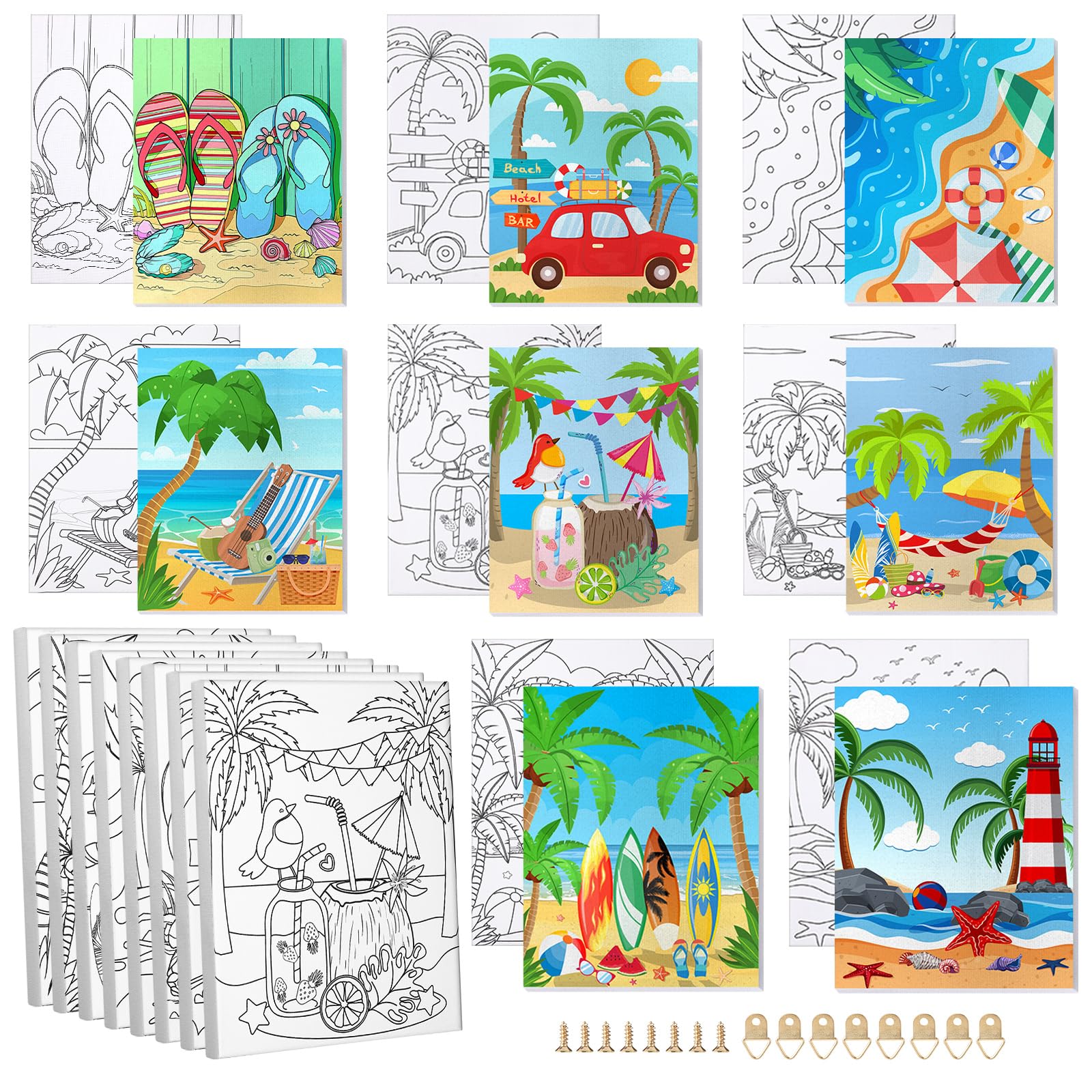 Cinpode 8 Pcs Pre Drawn Canvas to Paint for Adults - 8x10 Inches Pre Printed Framed Canvases Set for Sip and Paint Party, Pre Sketched Canvas for DIY