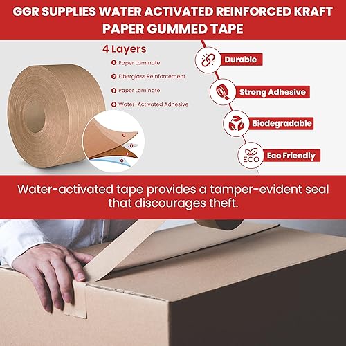 Miniatura 3 de GGR Supplies T.R.U. WAT-WAE - Cinta adhesiva de papel kraft reforzada activada por agua (3 pulgadas x 375 pies (paquete de 2))