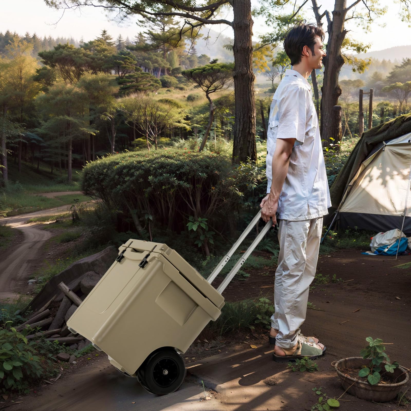 GYMAX Glacière Portable à roulettes 43 L, Boîte Isotherme avec Roues & Poignée Réglable en 3 Positions & Verrouillage & Trou de Drainage, pour Camping/Pêche/Voyage/Pique-Nique