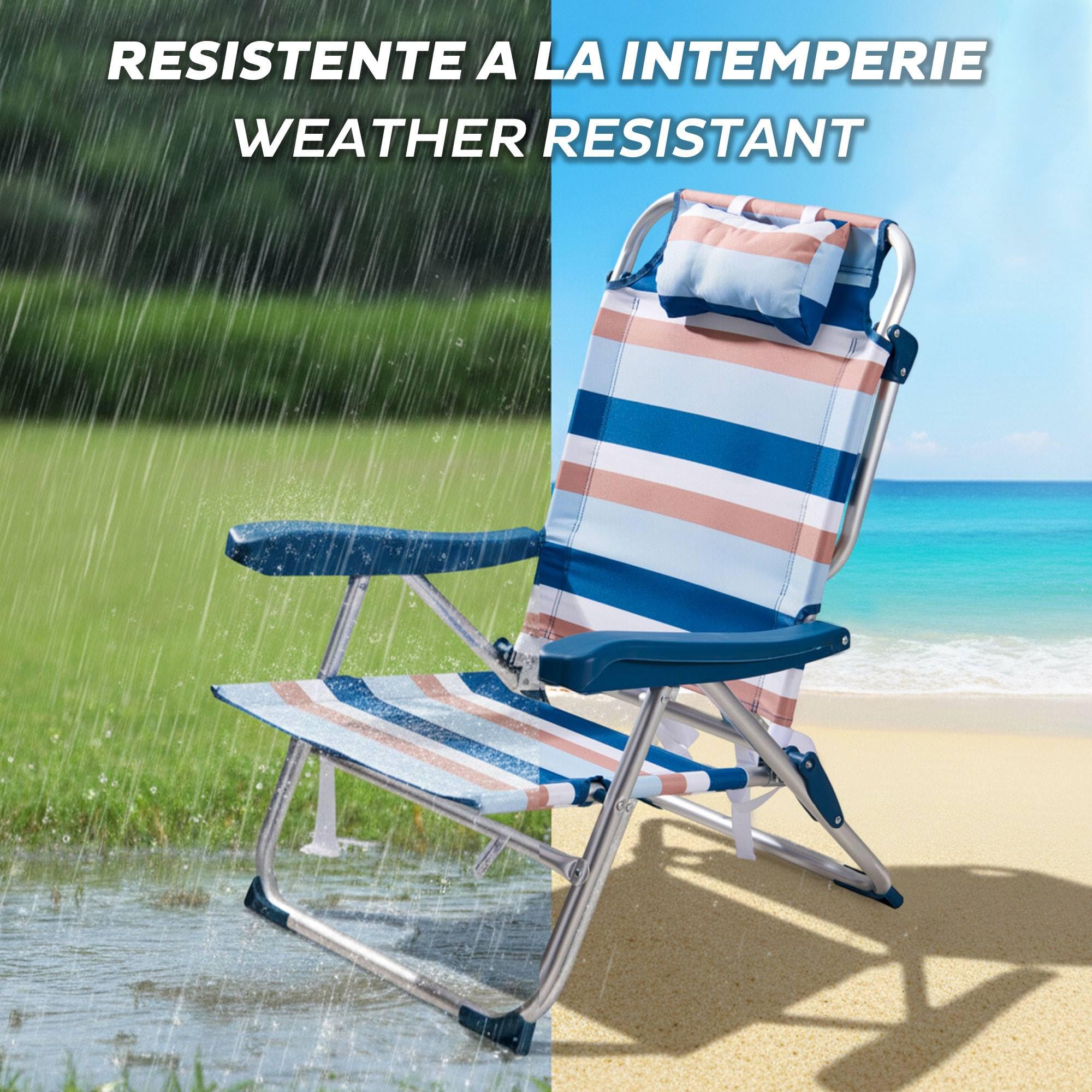 Well Home Silla Plegable de Camping/Playa reclinable con Almohada 64x63x32/82cm Aluminio anodizado, Rayas Azules, Tejido 600x300D hasta 110kg