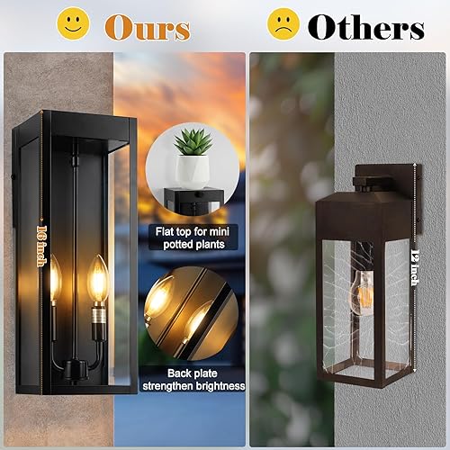 Miniatura 2 de Luces de pared para exteriores de 16 pulgadas grandes, paquete de 2 accesorios de iluminación exterior modernos negros montados en la pared con luz