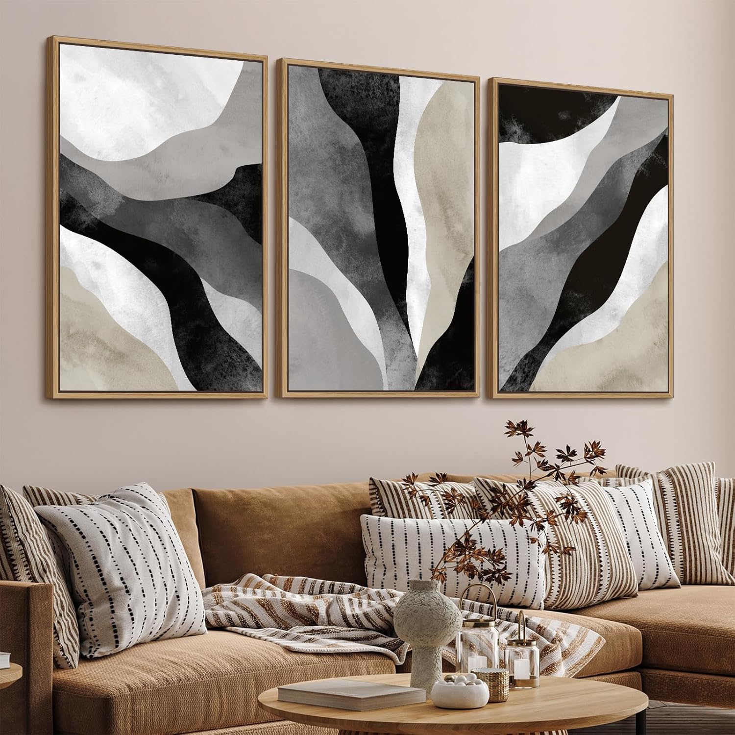 Minimalist Abstract Boho Wall Art - Natural Framed Abstract Canvas Picture Flowing River Painting Artwork Modern Geometric Canvas Prints for Home Office Wall Decor 24" x 36" * 3 Grey Black Tan Framed 24" x 36" x 3 Piece Grayscale Abstract Artwork