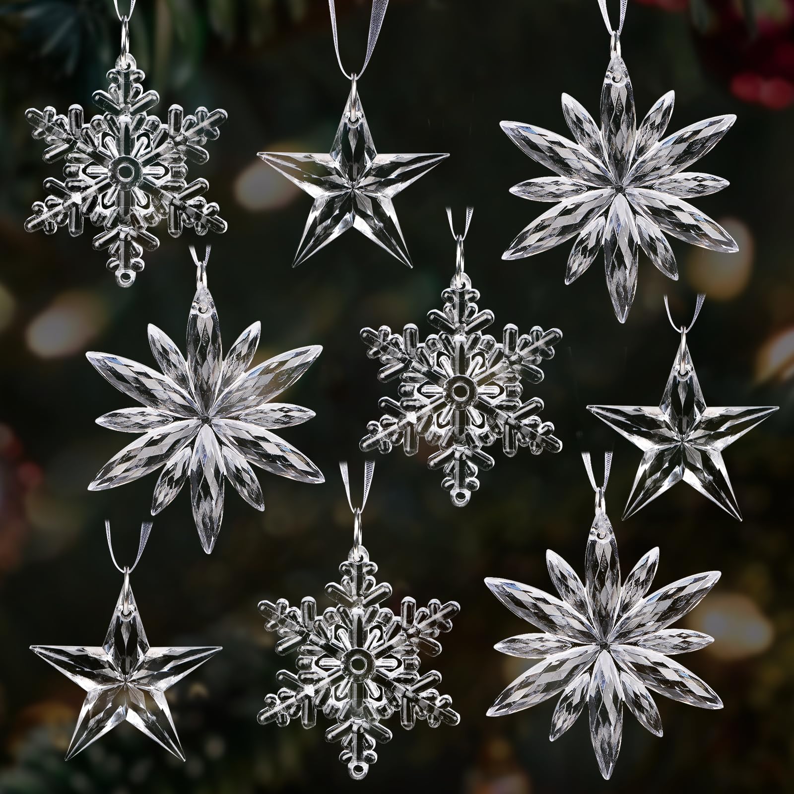 GEBETTER Decoración Árbol Navidad, 9Pcs Copos de Nieve Estrellas Adornos Colgantes Acrílicos Transparentes 3 Modelos, Decoración Navideña Fiesta Invierno Ventana Interior Exterior Guirnalda