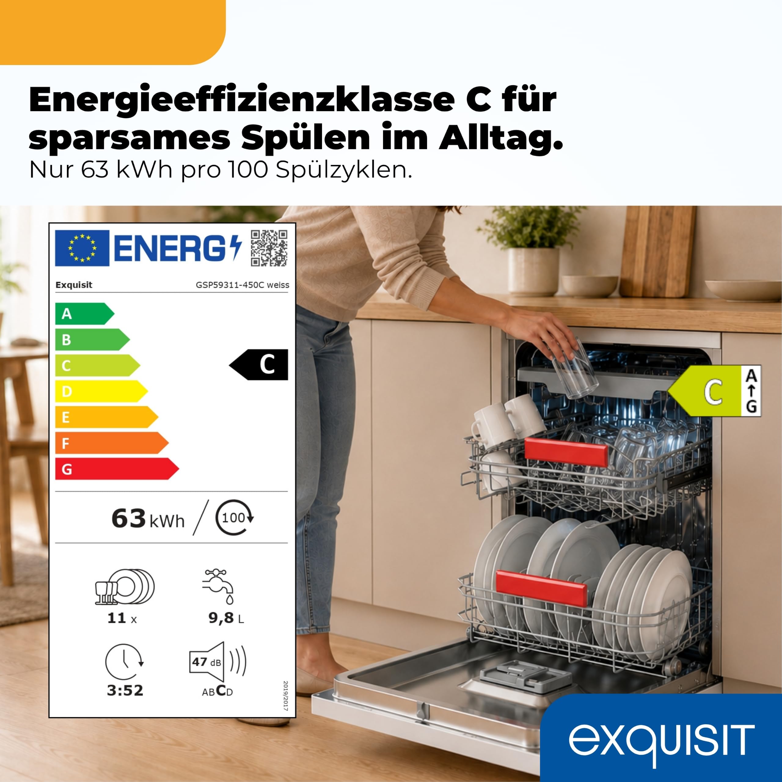 Exquisit Geschirrspüler 11 Maßgedecke | Energieklasse C | 7 Programme | Eco, Intensiv & Glas | Aquastop | Besteckschublade | Extra-Trocknung | Startzeitvorwahl 24 h | Unterbaufähig | Weiß