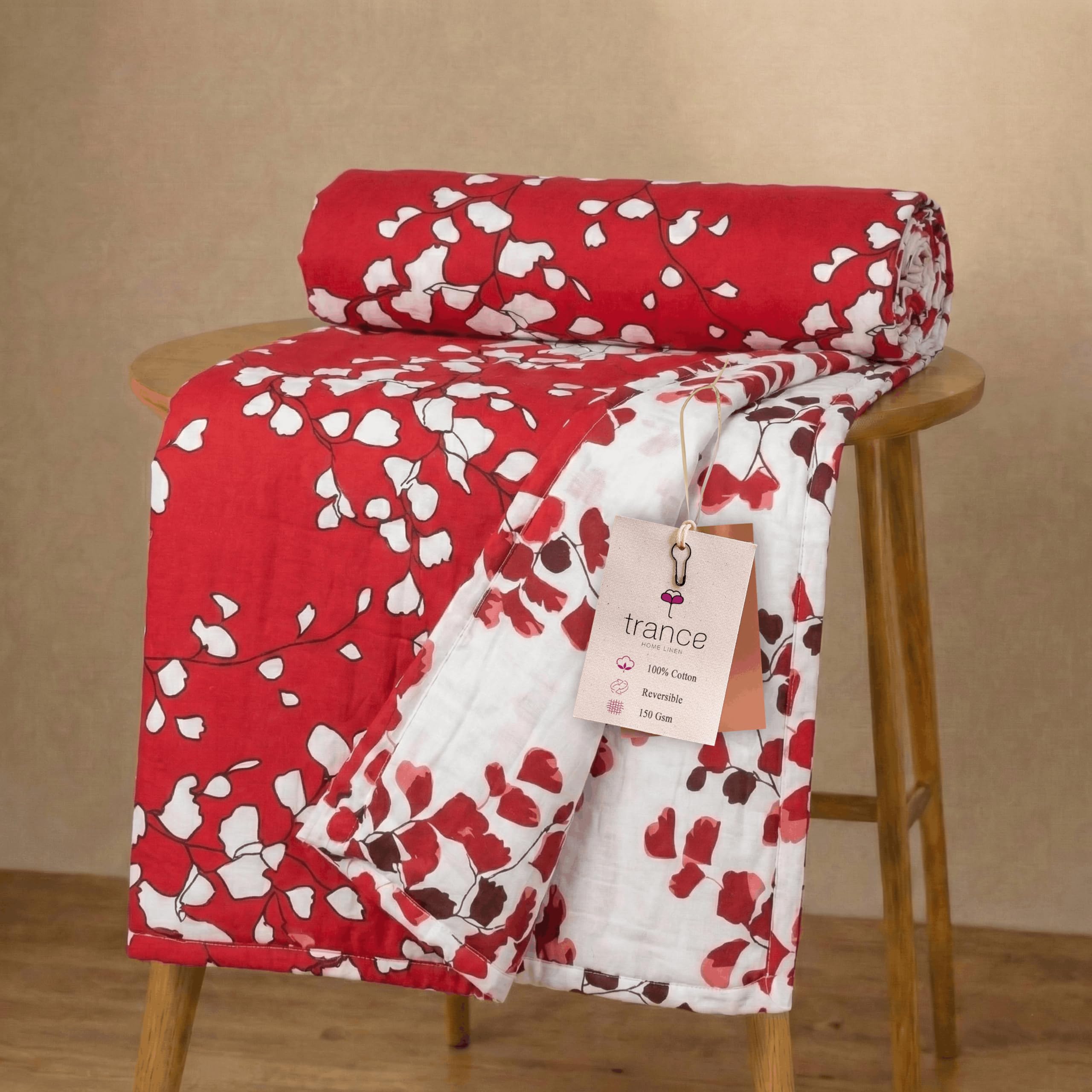 Trance Home Linen Premium 100% Cotton Dohar for Single Bed | 150 GSM | Reversible Ac Comforter | Light Weight All Season Soft Blanket (58x90 Inches | Red White Leaves)-image-21