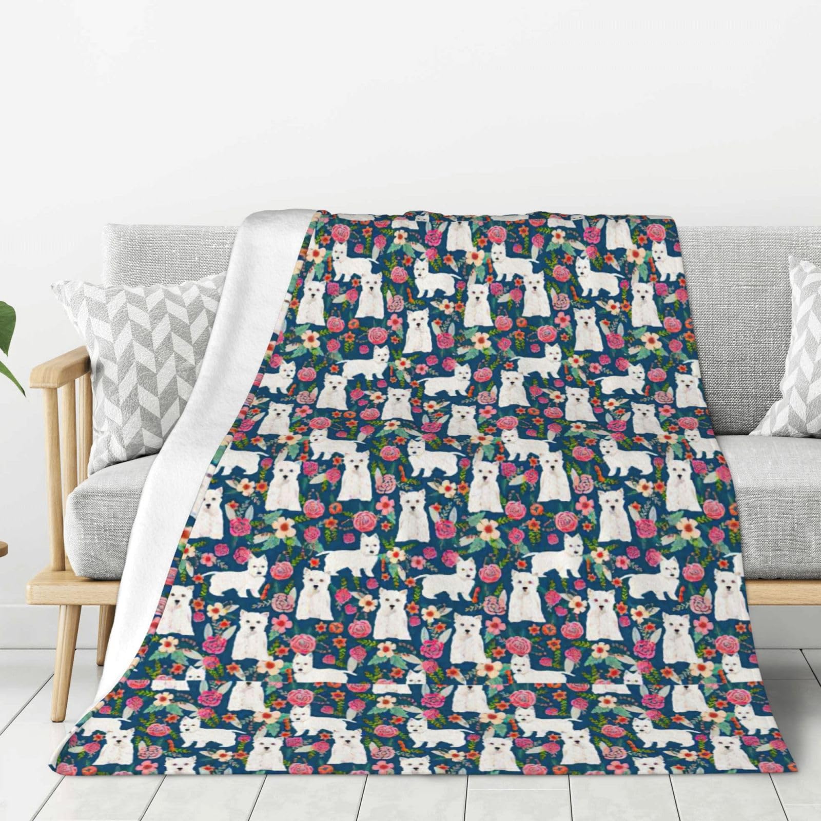 Couverture douce et chaude avec fleurs et chien blanc pour tout lit