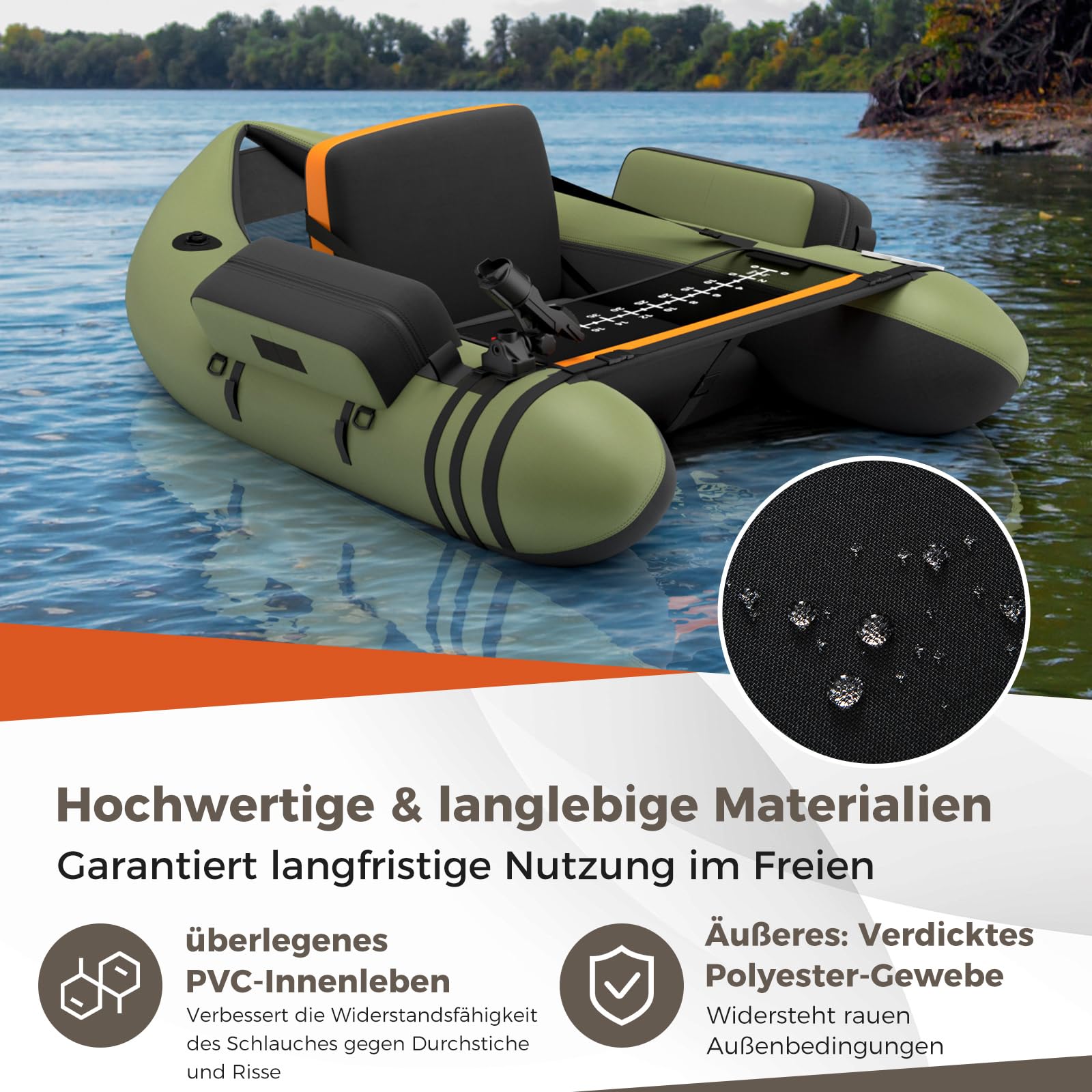 GOPLUS Bellyboot, Belly Boat o nośności do 150 kg, nadmuchiwana łódka do wędkowania z aluminiowym wiosłem, pompką, płetwami, linijką do ryb, uchwytem na wędkę i 2 szelkami, 135 x 109 x 54 cm