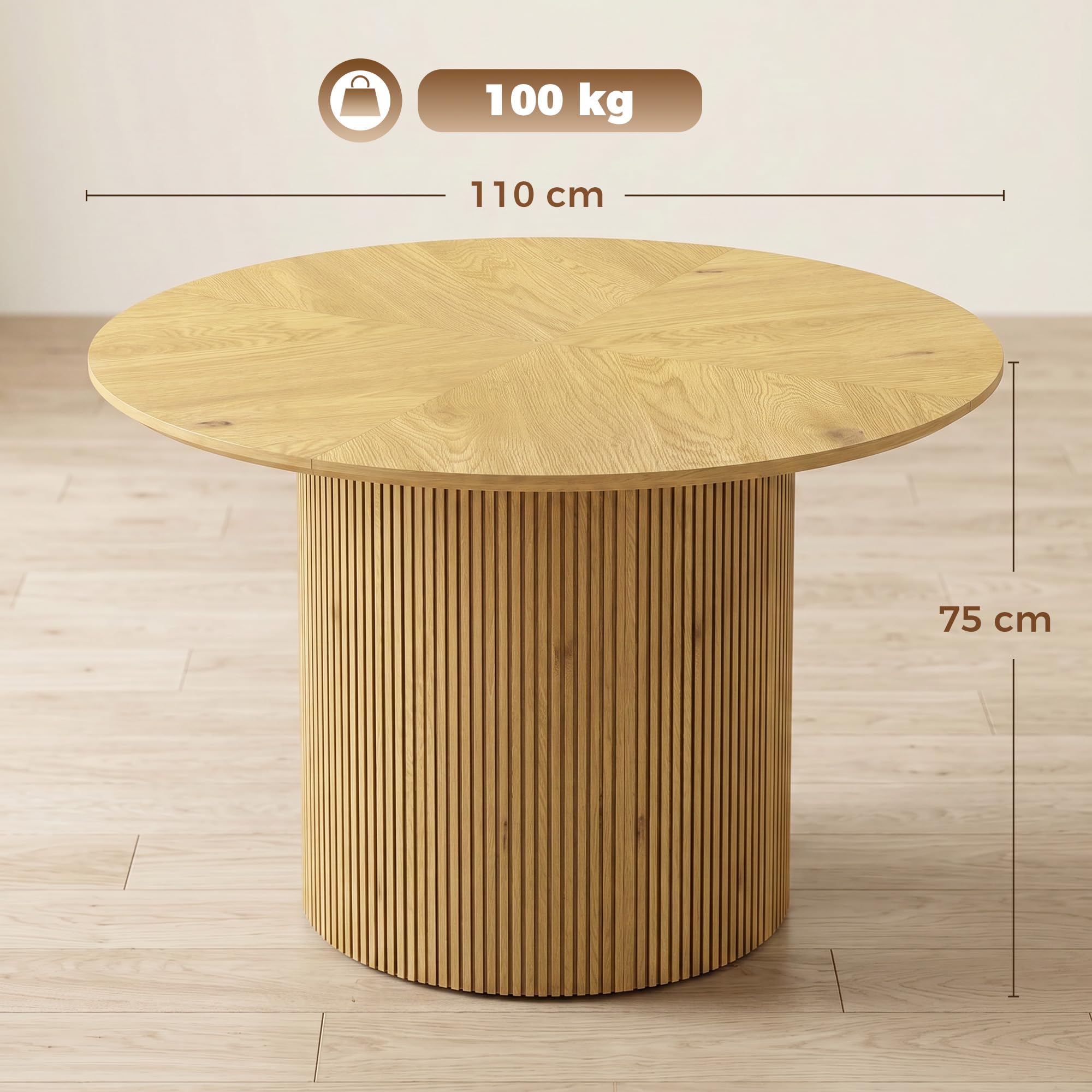 HOMCOM Mesa de Comedor Redonda Base Cilíndrica para 4-6 Personas Roble | Mesa de Cocina , Base Acanalada, Marco Metálico, para Sala de Estar, Carga 100 kg