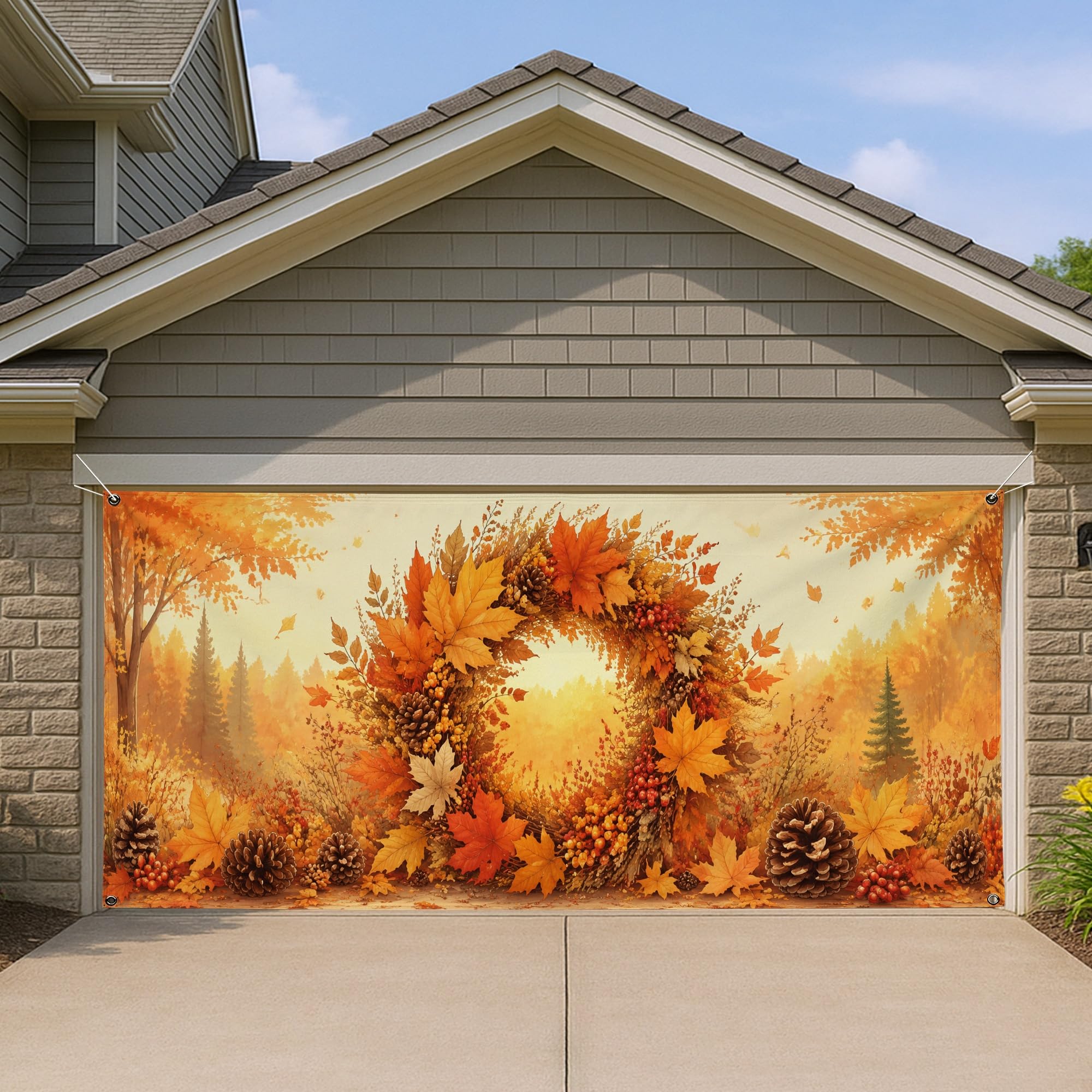 Couronne de porte de garage automne 400x180 cm avec feuilles rustiques et pommes de pin pour fête