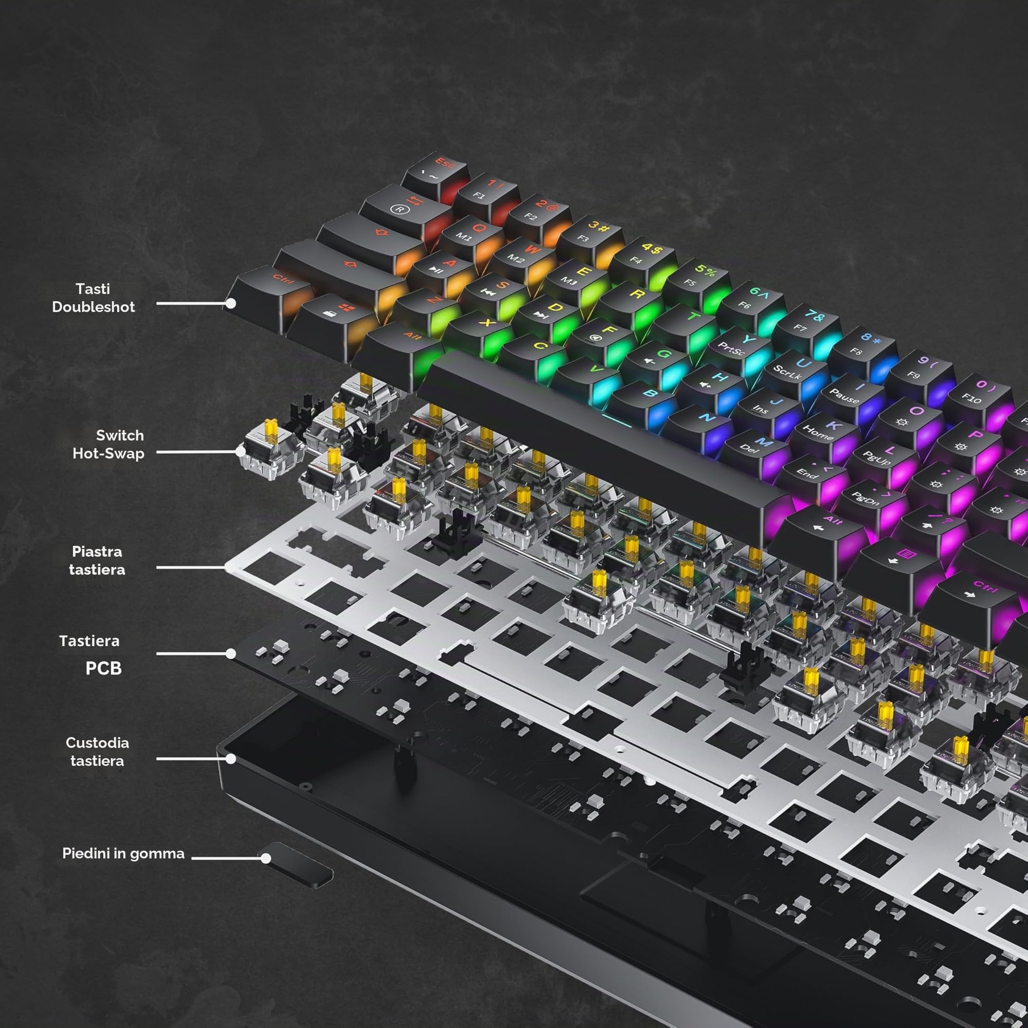 HKKB GK61 Mechanical Gaming Keyboard 60 Percent | 61 RGB Rainbow LED Backlit Programmable Keys | USB Wired | For Mac and Windows PC | Hotswap Gateron Optical Yellow Switches | White