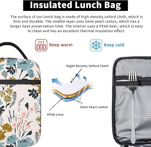 Miniatura 4 de Bolsa de almuerzo con patrón floral, doble aislamiento, a prueba de fugas, bolsa de mano, organizador de almuerzo para trabajo, picnic, viajes,