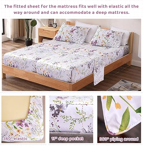 Miniatura 3 de QSH Sábanas 100% algodón para cama tamaño King dividida  Patrón de plantas botánicas de algodón de lujo estampado floral, sábana tamaño King con