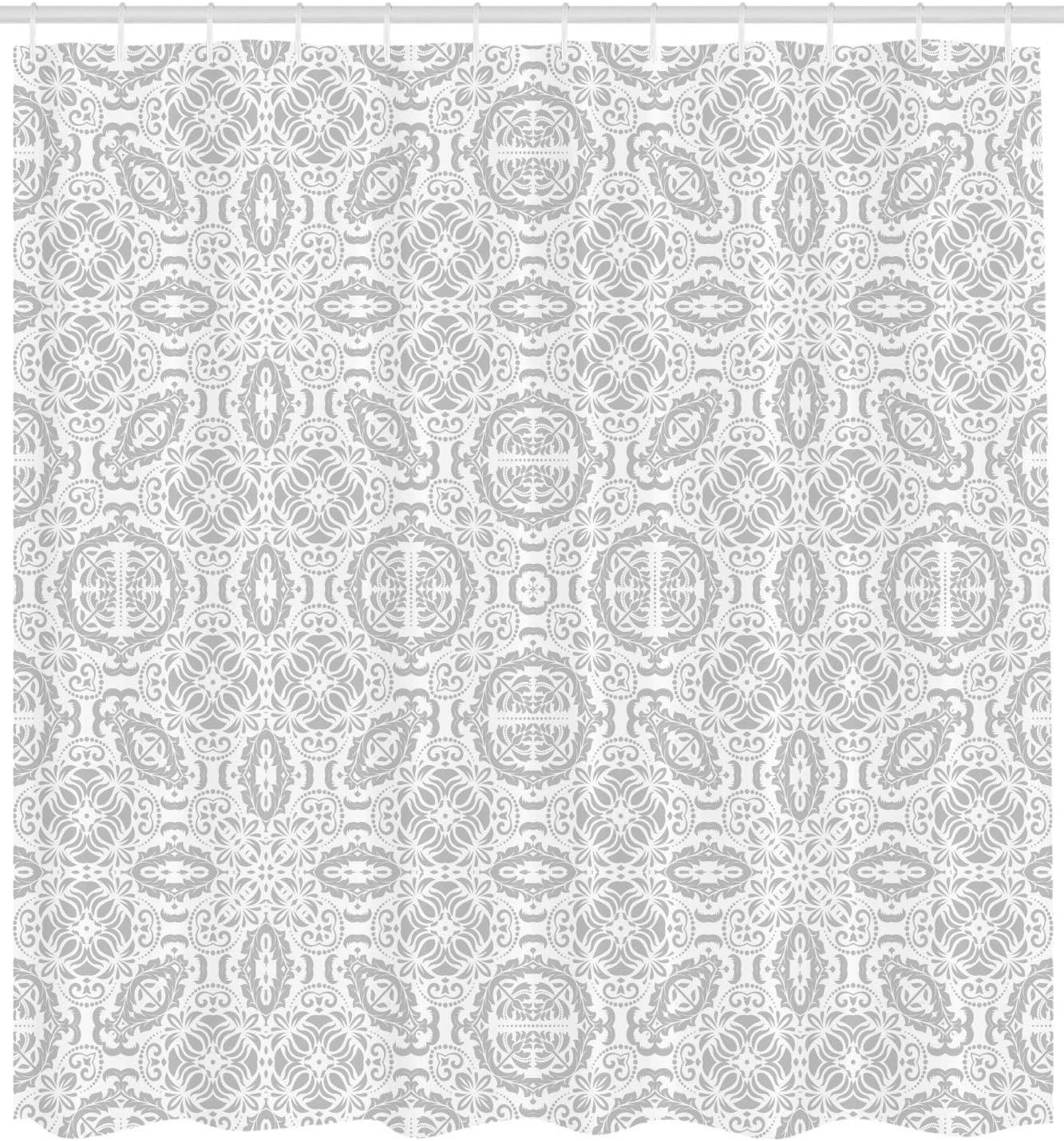 Ambesonne Grey Shower Curtain, Lace Victorian Damask Antique Baroque Design with Oriental Effects Renaissance Art, Cloth Fabric Bathroom Decor Set with Hooks, 69" W x 70" L, White
