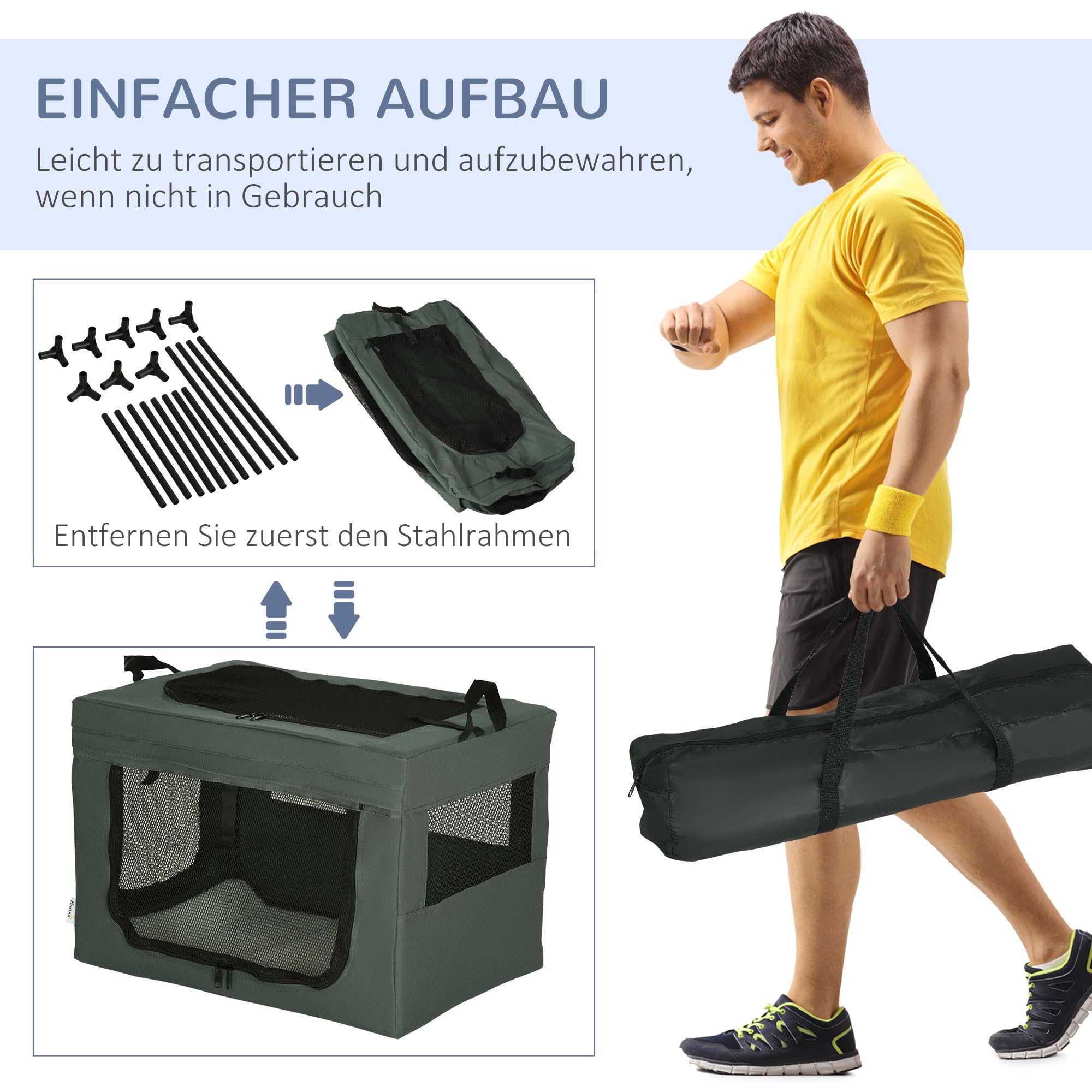 PawHut Hundetasche Hundebox mit Meshfenster, 60 x 42 x 42 cm Katzentransportbox mit Kissen, Griffen, Transportbox, Transporttasche für Hunde bis 4 kg, Oxford, Grau