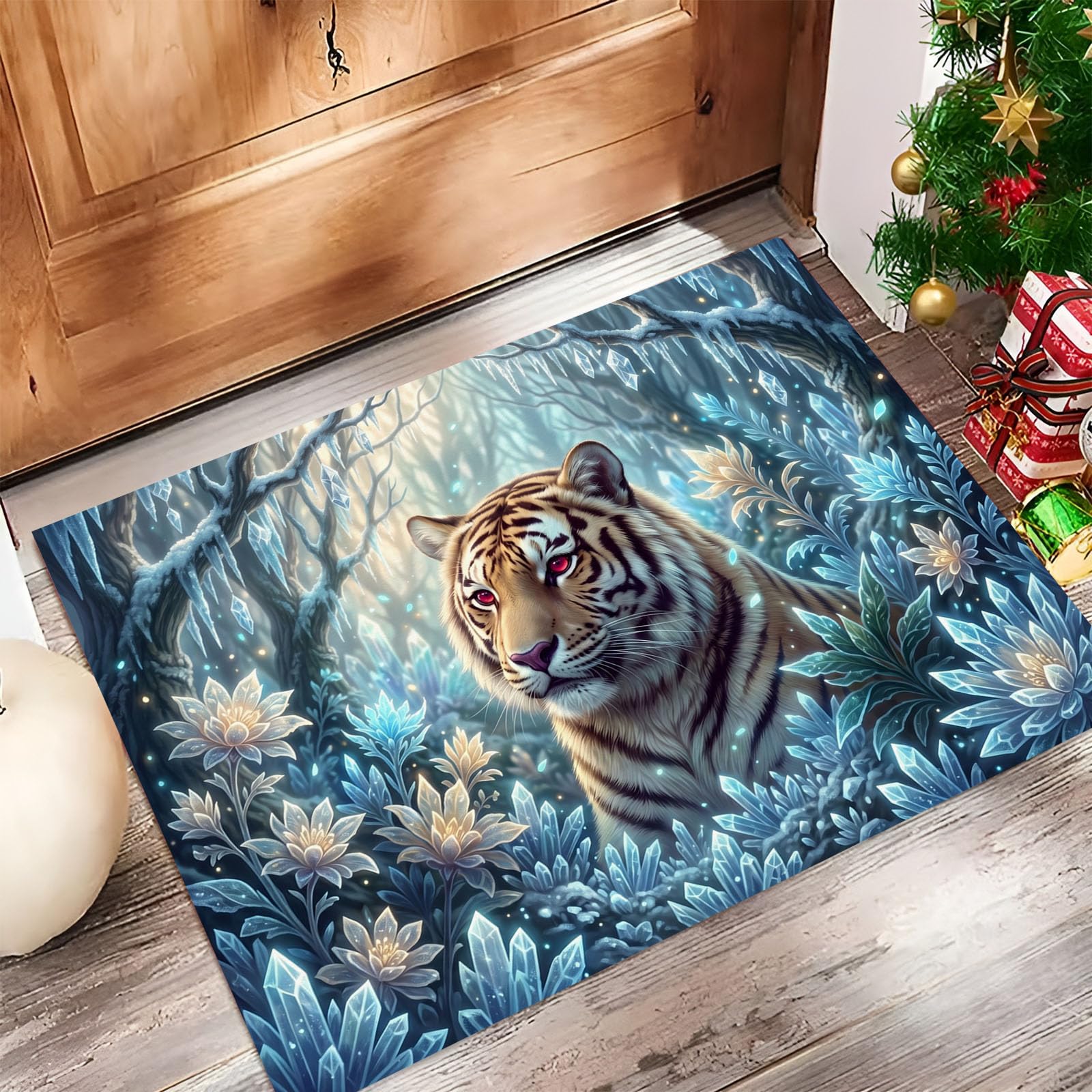 Zerbino Ingresso Interno Tigre Fantastica Animale, Zerbino Di Benvenuto Lavabile Morbida Foresta Di Fiori Di Cristallo, Antiscivolo Tappeto Da Decorazioni Blu Per Casa Porta, 60X90Cm