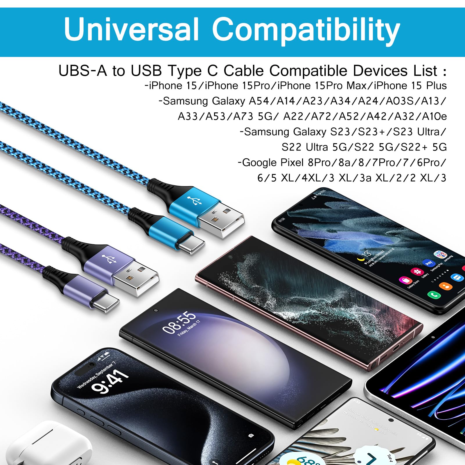 Cavo S24 Ultra USB di tipo C per ricarica rapida, 1,8 m, confezione da 2 per Samsung Galaxy S24/S23+/S22/S21/A15/A25, cavo da USB C a USB A da 3,1 A, cavo per telefono Android, ricarica rapida per