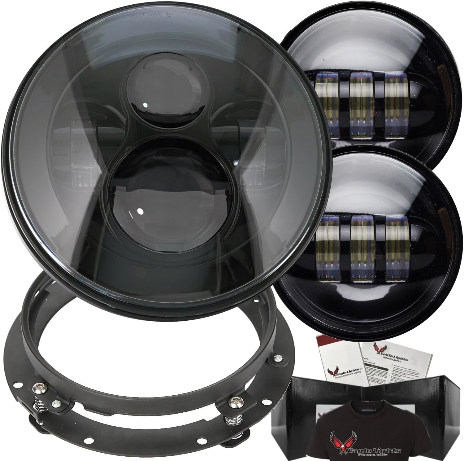 Eagle Lights 7 inch Round Black Harley LED Headlight with Matching Black Spot Lights, Black Adapter Ring and Free T-Shirt