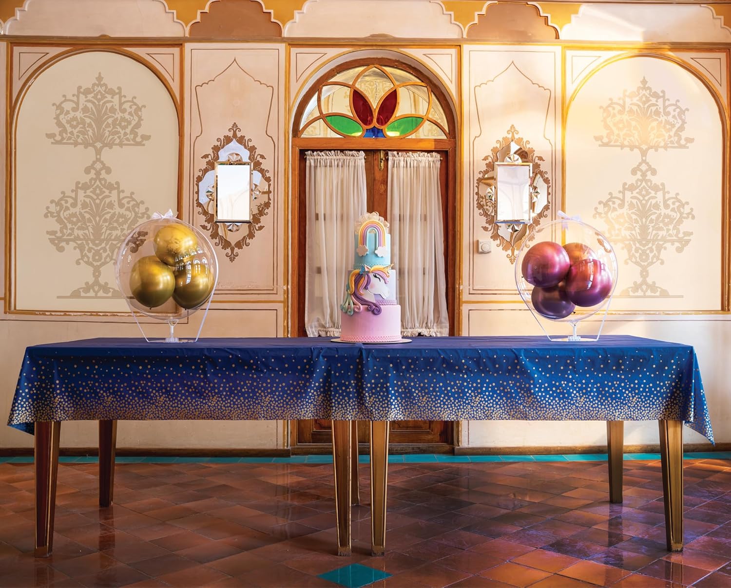 Neatiffy Disposable Plastic Table Cloth Roll with Slide Cutter | Waterproof Cover for Rectangle, Square, Oval Tables | Picnic, Party, Banquet, Birthdays, Weddings - Blue with Gold Dots - Image 3