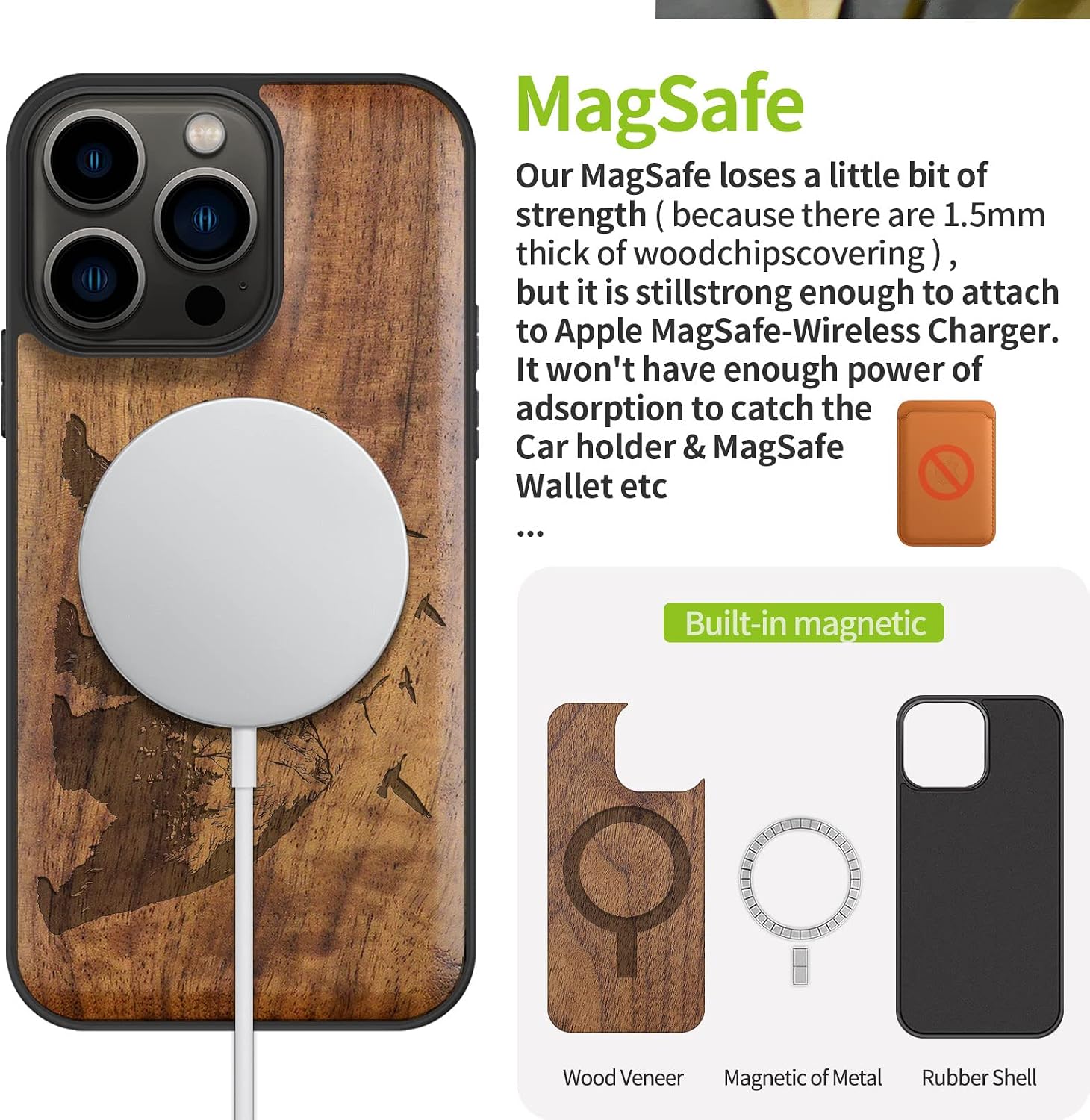 Carveit Magnetic Wood Case for iPhone 13 Pro Case [Natural Wood & Black Soft TPU] Unique & Classy Wooden Shockproof Protective Cover Compatible with magsafe (Bear -Walnut)
