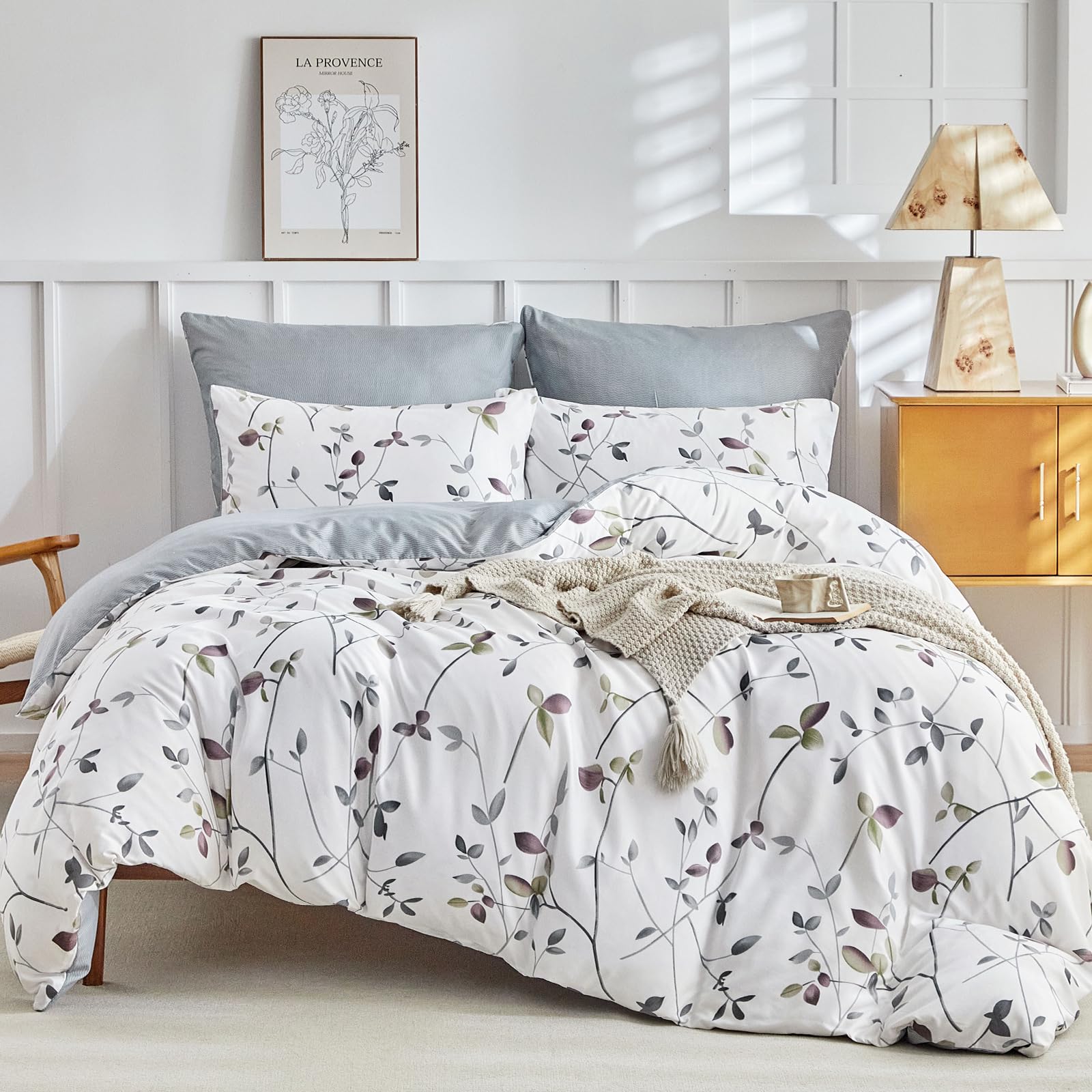 Lekesky Reversible Duvet Cover King Size, White Grey Tree Branch Pattern