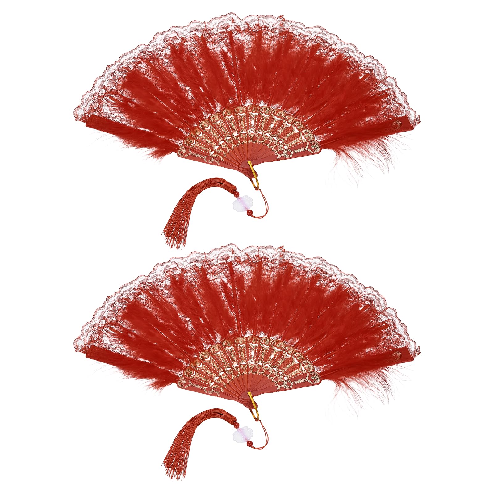 sourcing map 2 Pcs Vintage Folding Fan, Embroidered Flower Marabou Feather Fans 20s Vintage Style Handheld Folding Fan for Dancing Wedding Show Party Tea Party Occasions, Red(Lace)