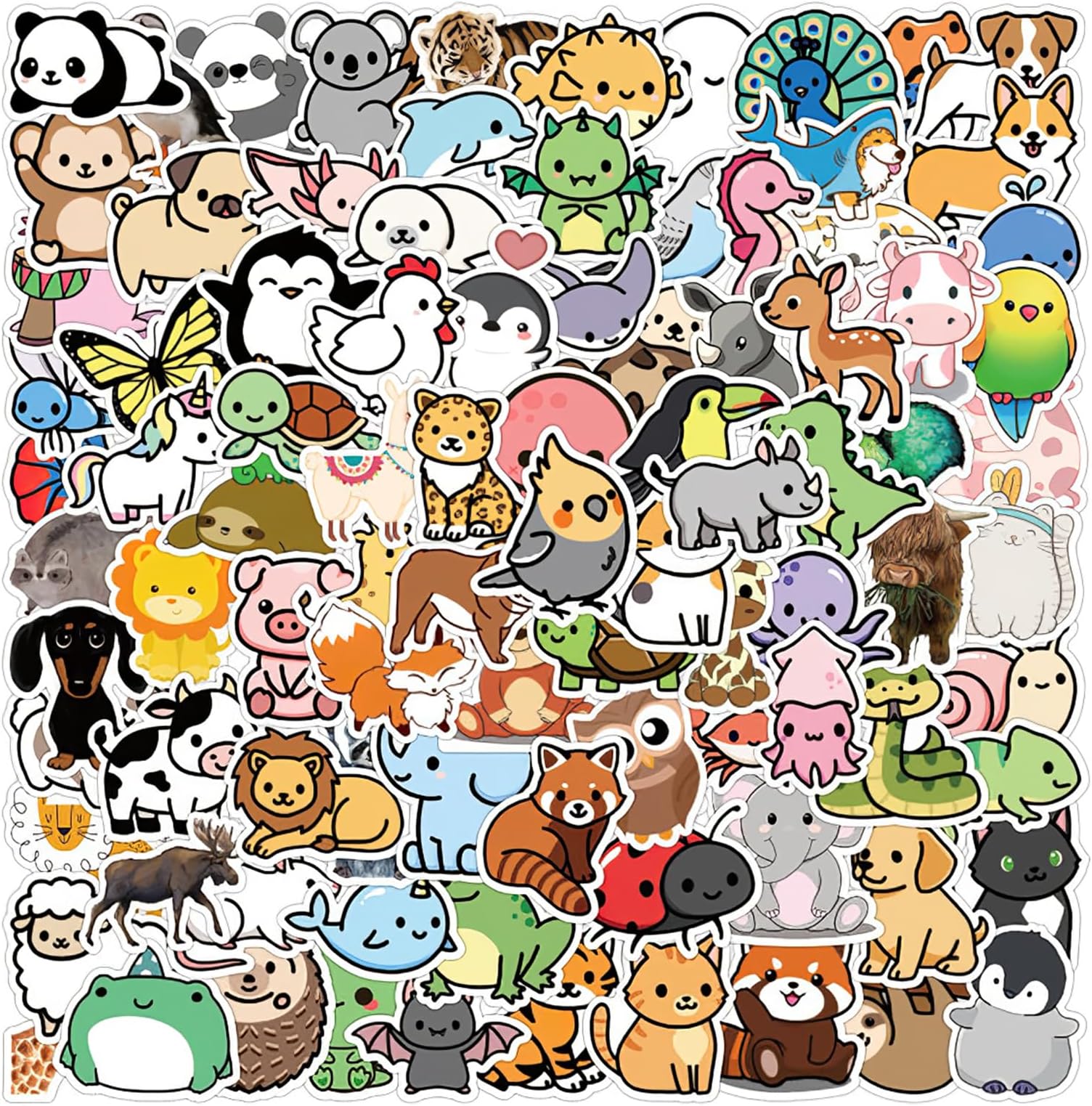 100pcs Cute Animal Water Bottle Stickers for Children, Cute Aesthetic Stickers Packs Waterproof for Laptop, Skateboard, Computer, Car, Luggage, Cup, Phone