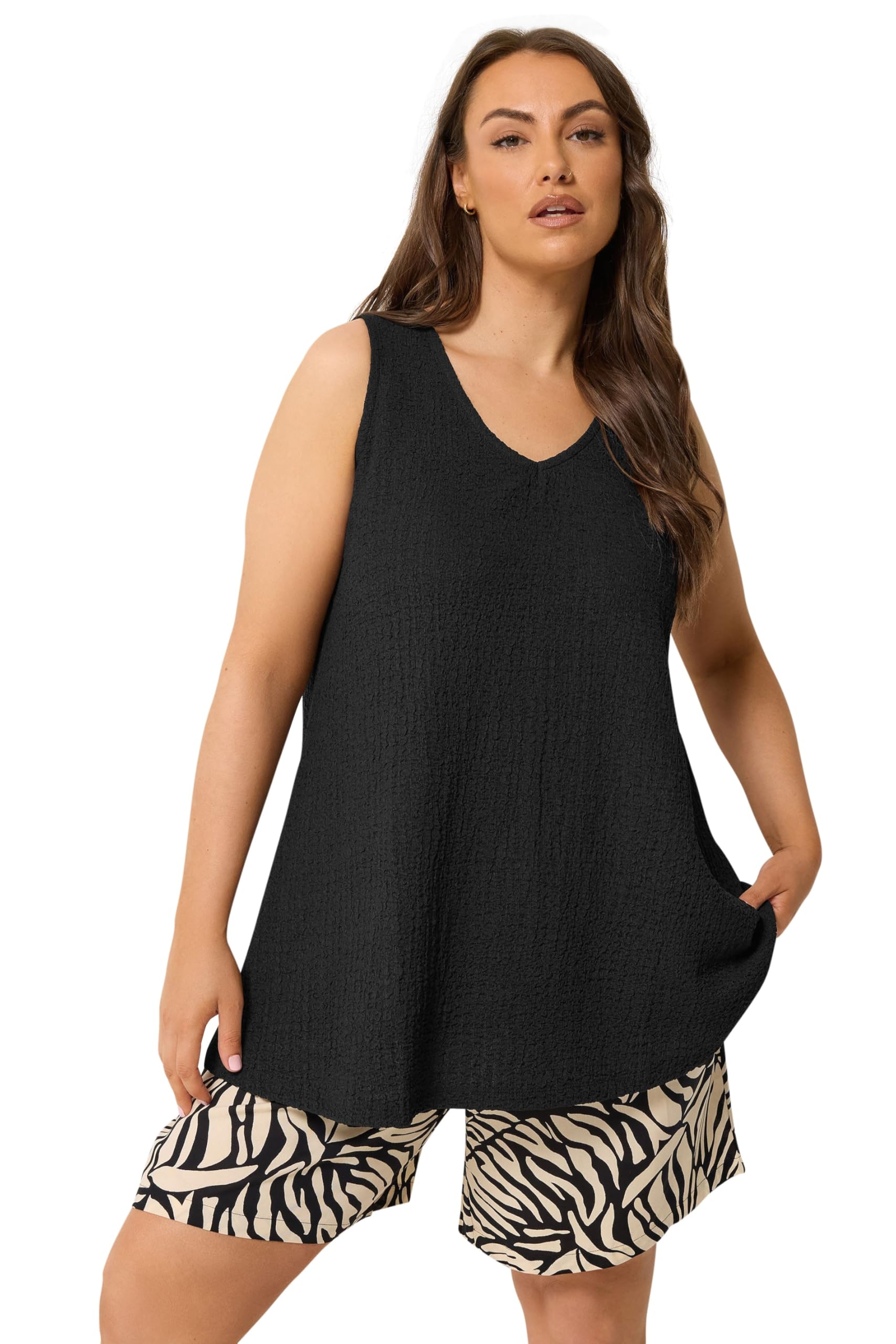 Yours Women's Black Crinkle V-Neck Cami Vest Top In | : Size 20
