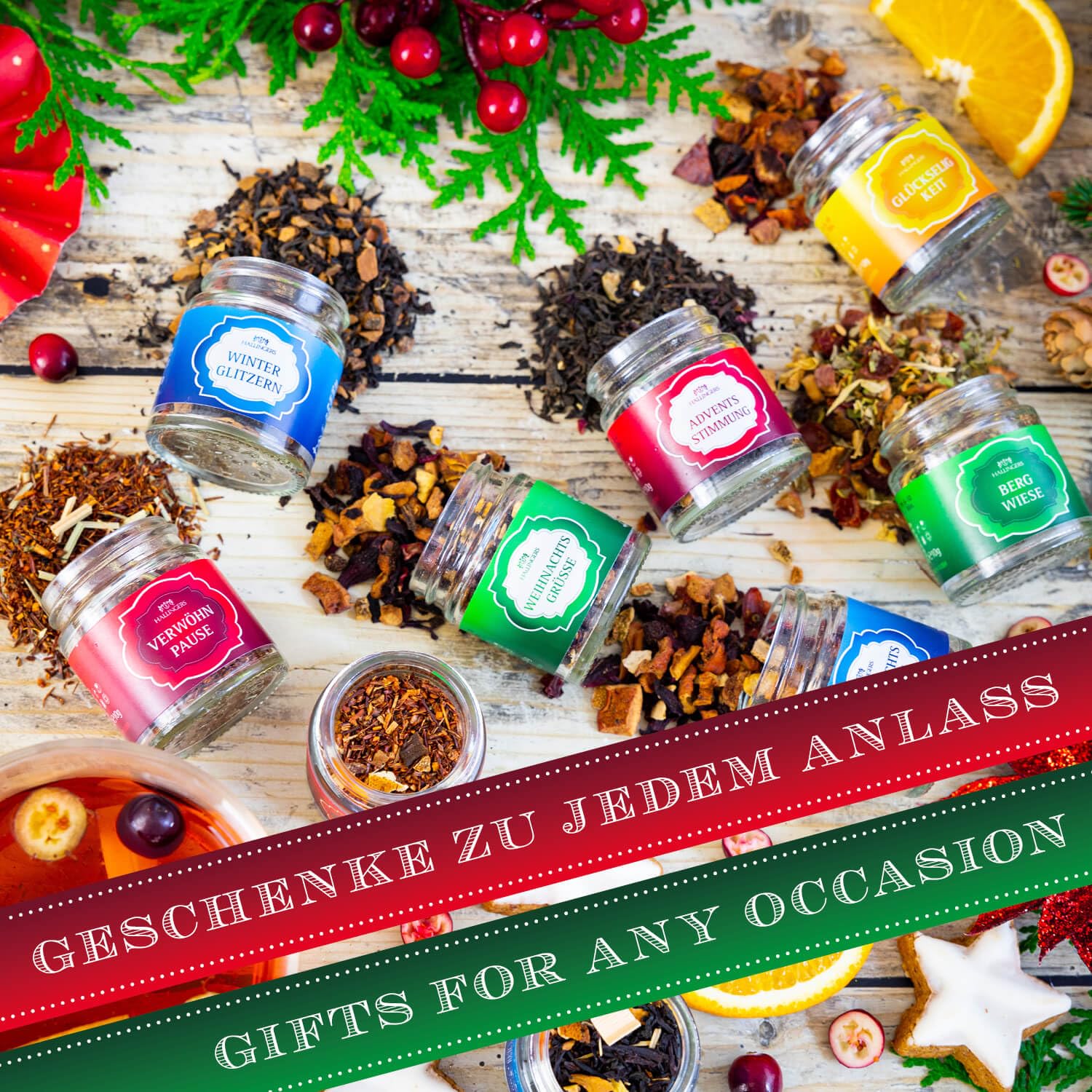 Hallingers Genuss Manufaktur Tee Weihnachts-Geschenk-Set - 24 Sorten premium loser Tee Probierset in edler Geschenkbox mit Rezept-Booklet "Frohe Weihnachten", Weihnachten für Frauen Männer