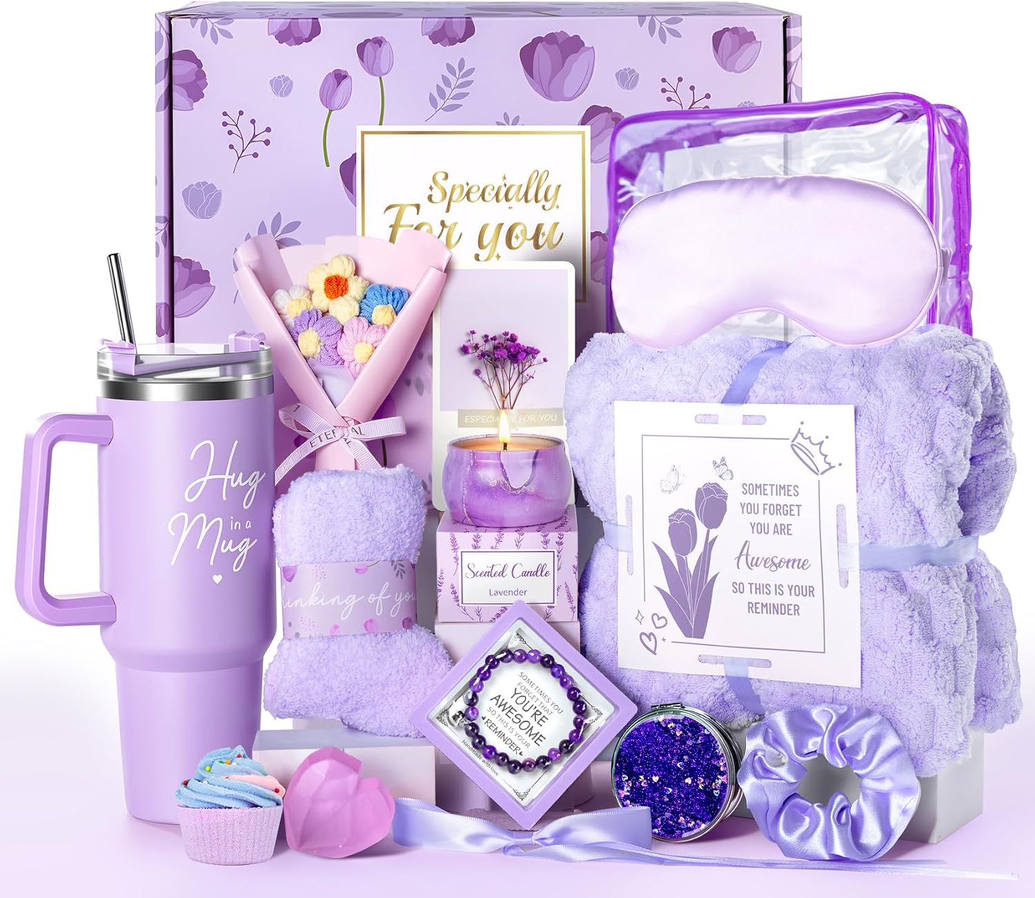15 Pcs Get Well Soon Gift Baskets, Birthday Gifts for Women, Purple