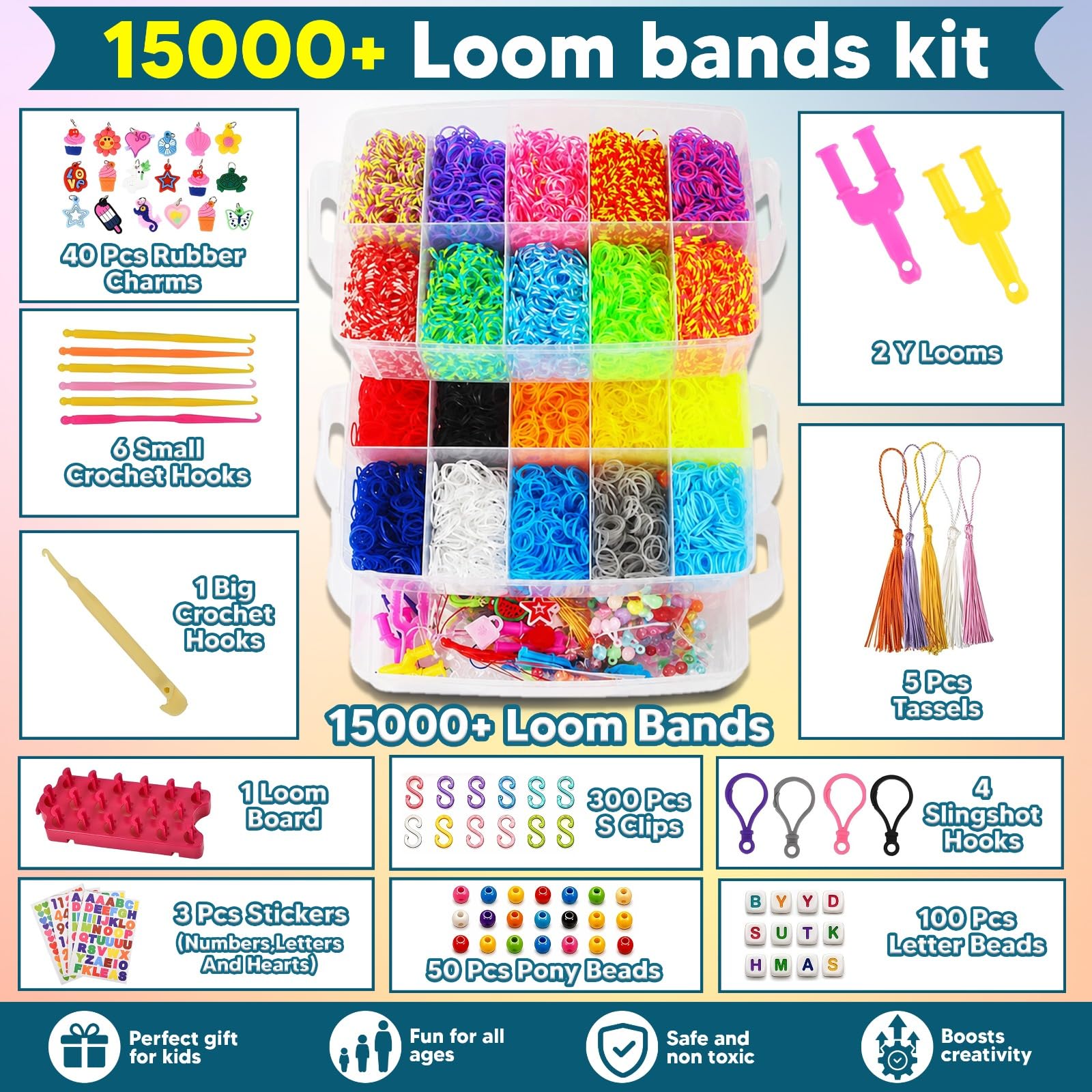 Kit de más de 15000 bandas de telar – 25 bandas de colores vibrantes – Kit de fabricación de pulseras de bandas de goma con cuentas del alfabeto, ganchos en S y herramientas con caja de almacenamiento