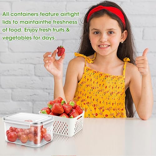 Miniatura 4 de Paquete de 6 recipientes de almacenamiento de frutas para refrigerador, contenedor de verduras con coladores de drenaje, organizador de refrigerador