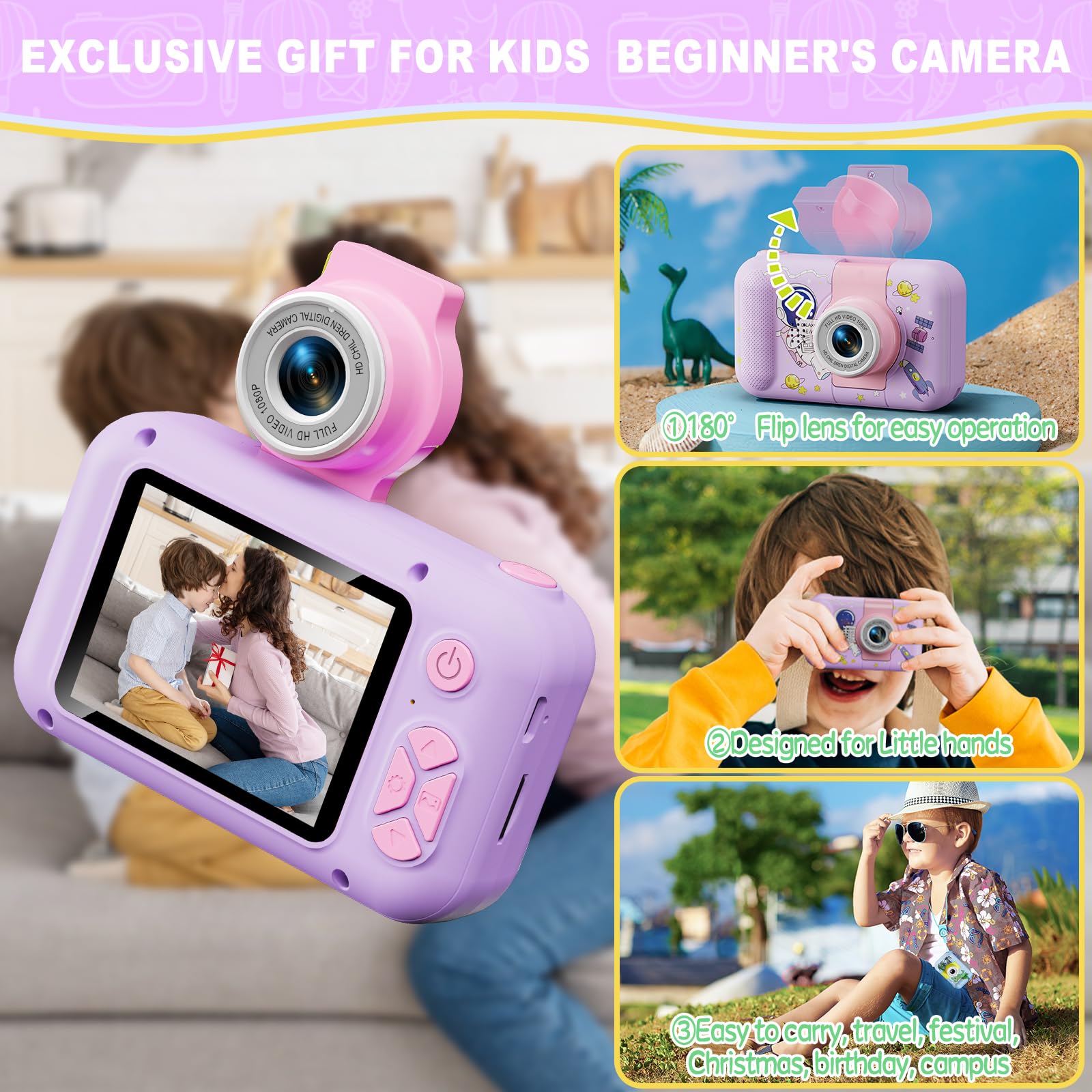 ARNSSIEN Giocattoli Fotocamera Bambini 3 4 5 6 7 8 9 10 11 12 anni Ragazze/Ragazzi, Macchina Fotografica Digitale, Regali Bambino Natale e compleanni,Fotocamera selfie per bambini con 32 GB,X101H