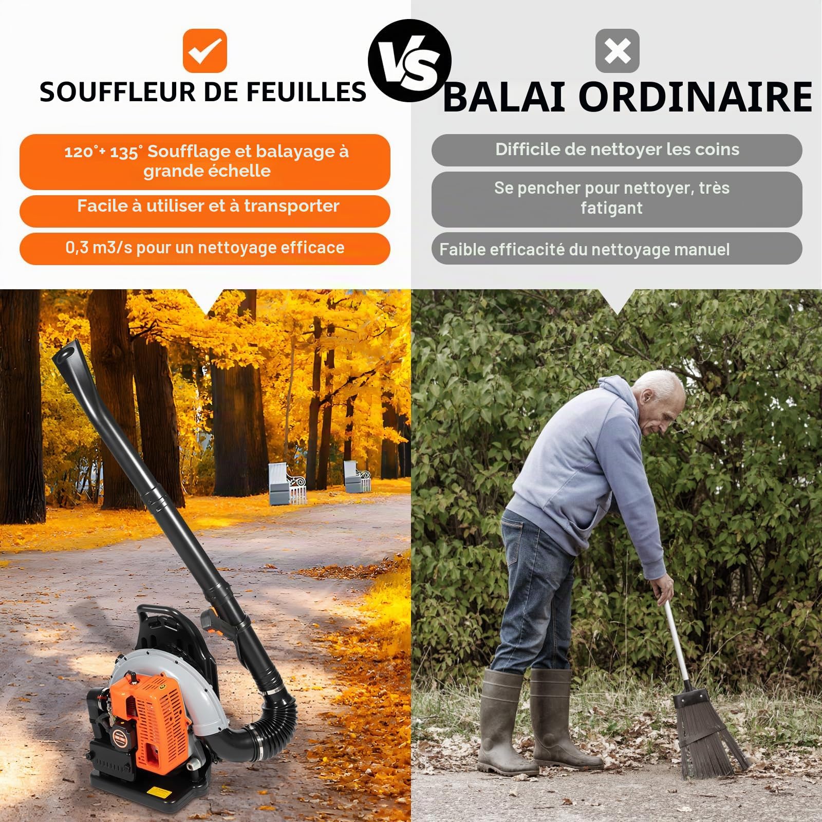 Souffleur à essence 65 cc avec bandoulière réglable Outil de jardinage multifonction pour éliminer facilement les feuilles
