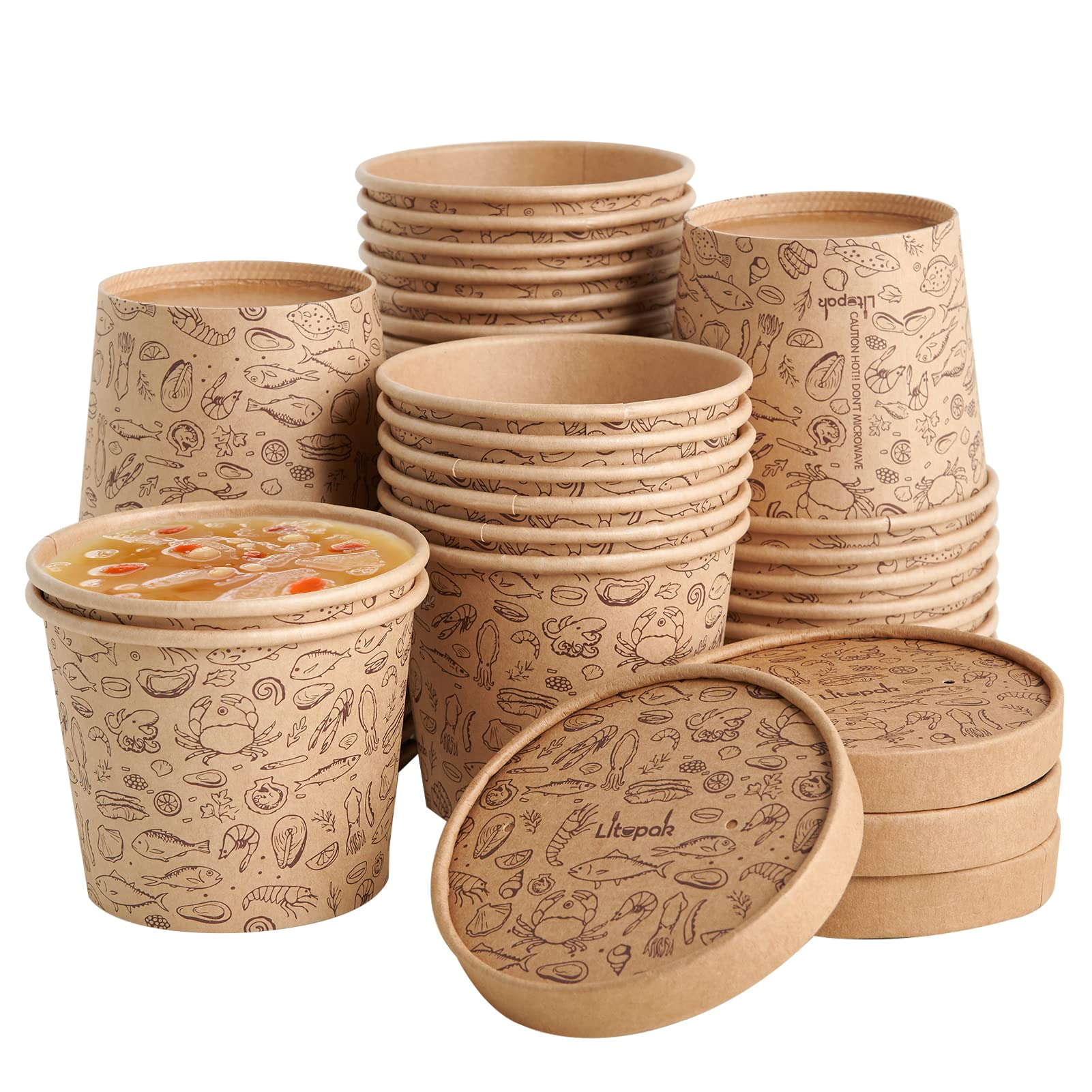 [50 Pack] 12 oz Paper Containers with Vented Lids, Kraft Paper Food Cups, Soup Containers Cups With Lids，Disposable Soup Bowls For Hot Soup For Storing Food Or Carrying Out.
