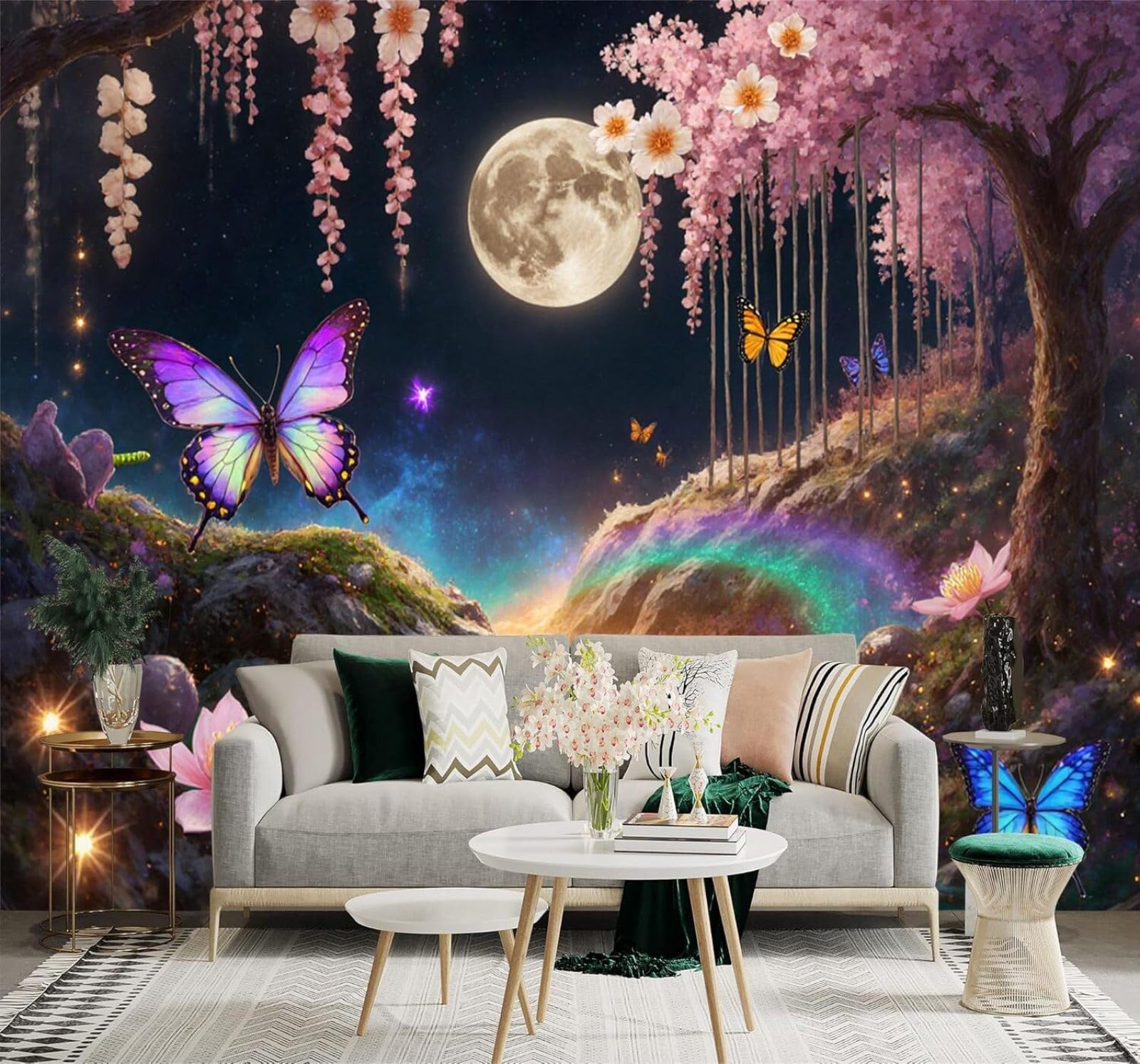 XLMING Moon Cherry Blossoms Butterflies River Dreamlike Night Scene 3D Wallpaper Silky Texture Home Study Office Grey Dining Room Sofa Bedroom Living Room TV Backdrop-400cm×280cm