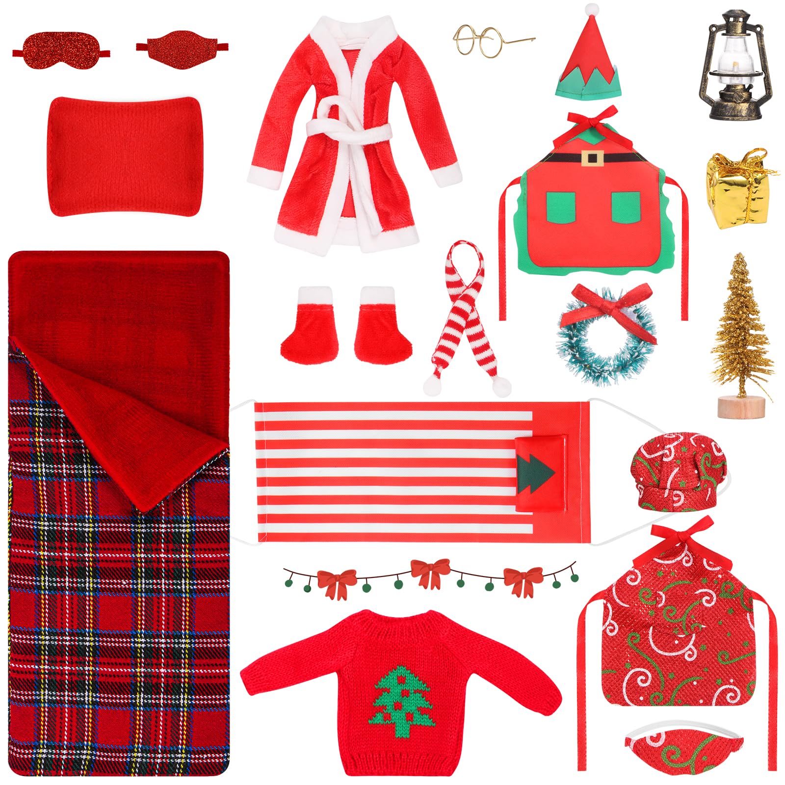 Piklodo20 Pcs Elf Doll Clothing Accessories, Sleeping Bag Elf Accessory for Elf Doll Include Elf Sleeping Bag Apron Chef Hat Sweater Scarf Glasses Bathrobe Shoes Hammock for Elf Doll Decor