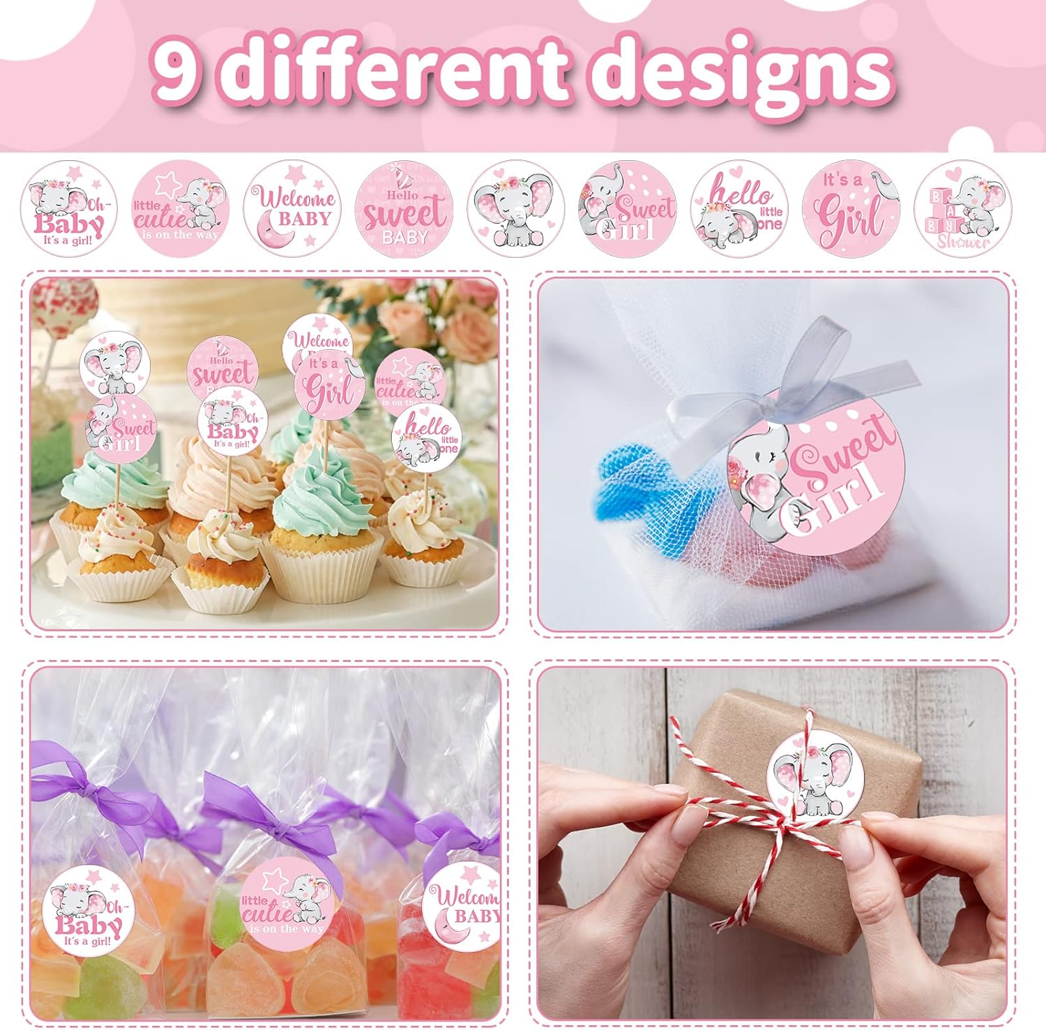 504 Pieces Baby Elephant Stickers Candy Labels Elephant Kisses Sticker Chocolate Mini Decorations for Sweet Girl Boy Baby Shower Birthday Party Supplies(Pink) - Image 5