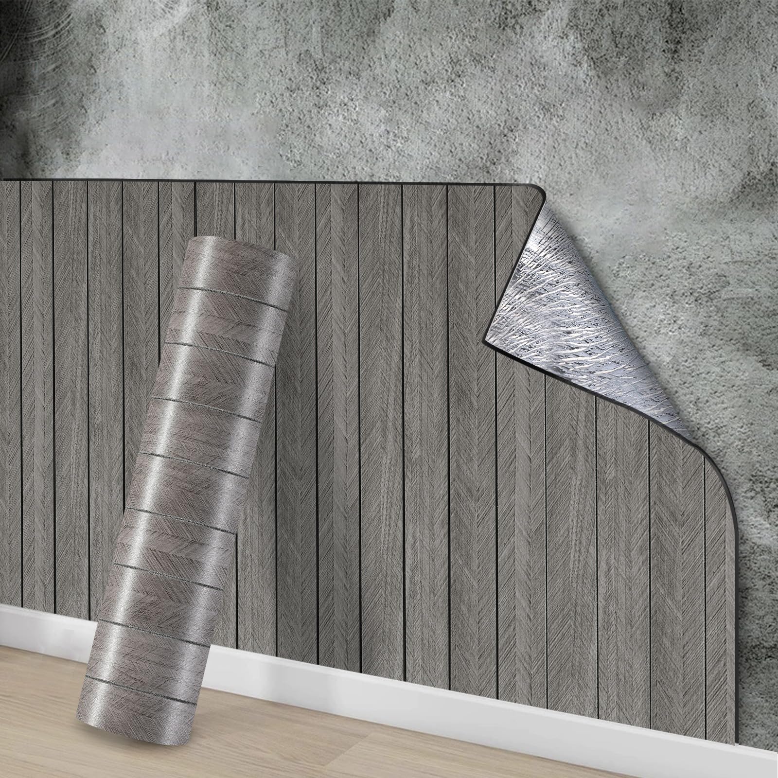 Snewvie Self Adhesive Wallpaper Dark Grey Wood Panel Wallpaper 3m*40cm 3mm Thicken Self-Adhesive Wood Panelling Waterproof Thermal Insulating Wall Covering for Bedroom Living Room (4 Rolls)