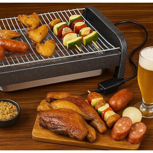 Churrasqueira Elétrica 220v de Mesa Gourmet Grill Portátil 1600W com Grelha e Bandeja Coletora Preta – Ideal para Churrasco Interno, Prática, Compacta e Fácil de Usar