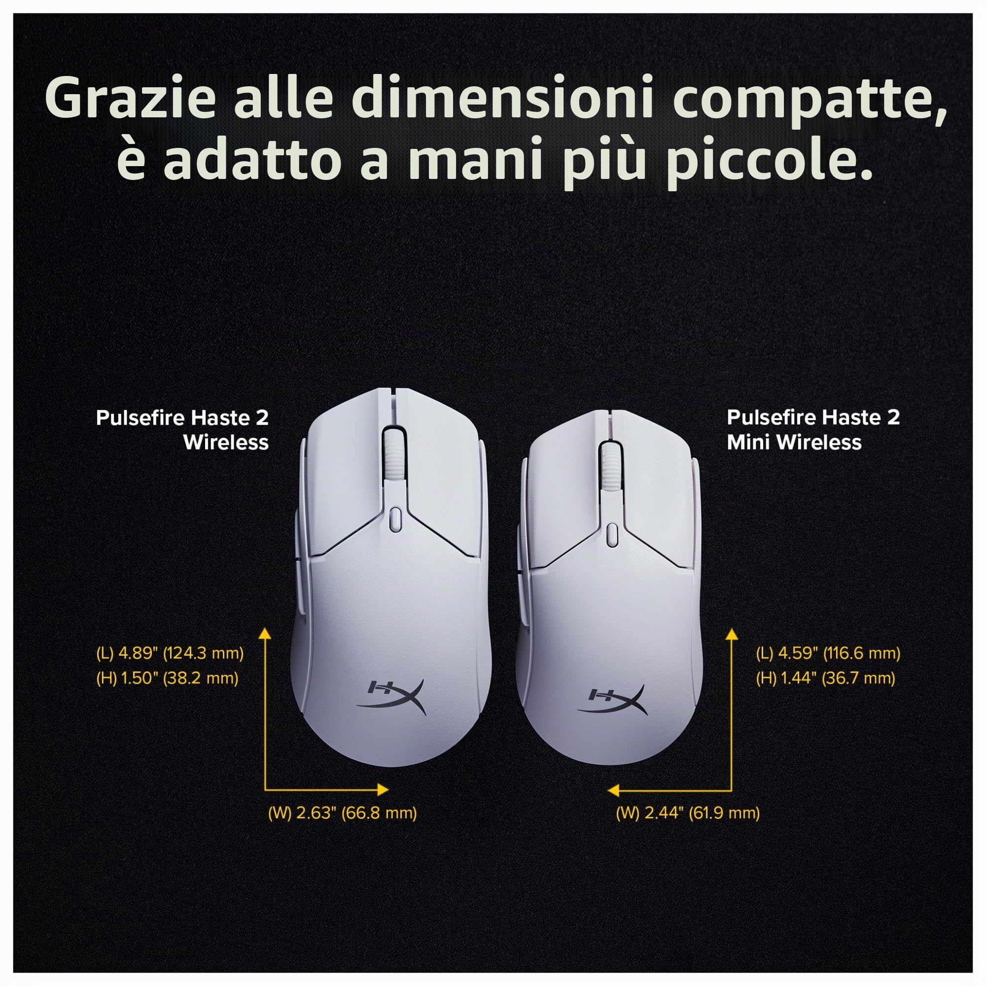 HyperX Pulsefire Haste 2 Mini, Mouse Gaming Senza Filo, Connettività 2,4 GHz, Illuminazione RGB, 6 Tasti Programmabili, 26000 DPI, Resistenza fino a 100 Milioni di Clic, Batteria fino 100 Ore, Bianco