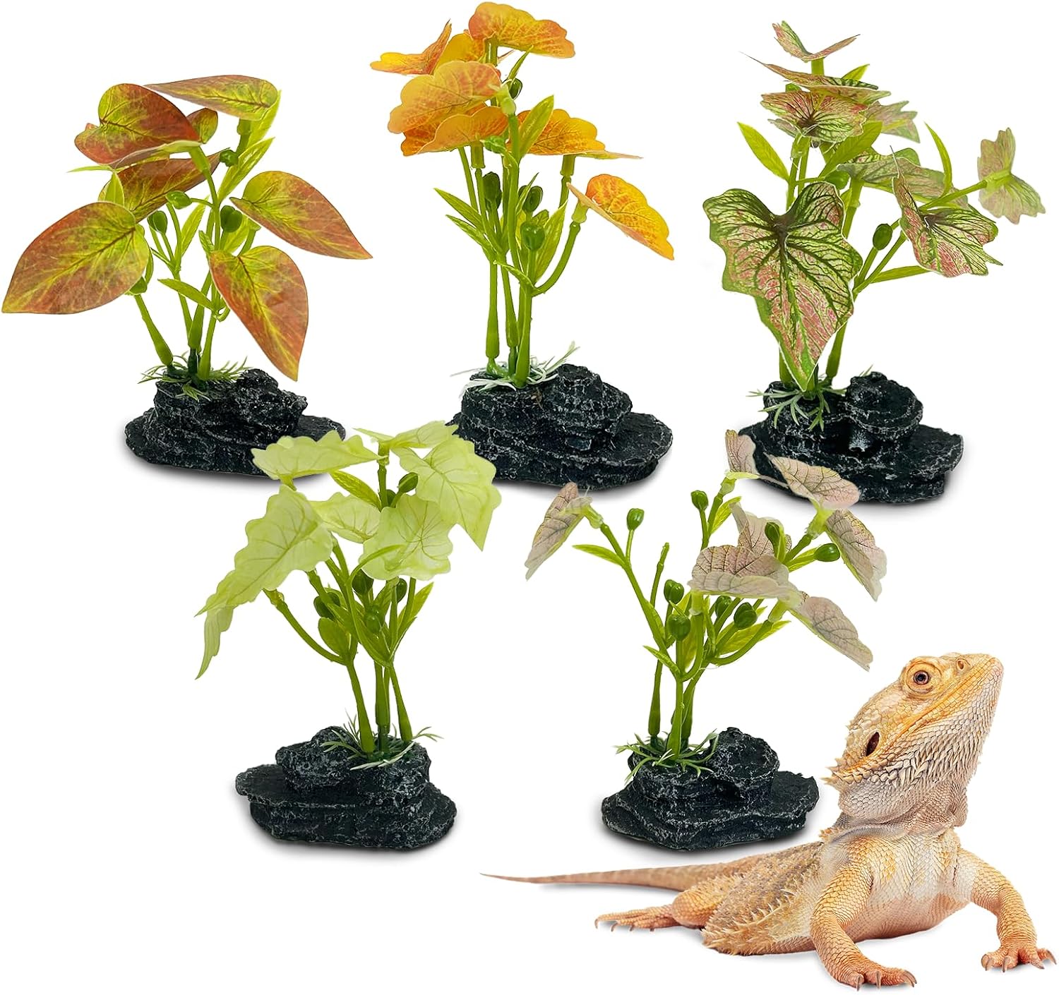PINVNBY 5 PCS Reptile Plants for Terrarium, Amphibian Habitat Plastic Plants Decor with Base Bearded Dragon Tank Accessories for Crested Gecko Leopard Lizard Chameleon SnakeTortoise
