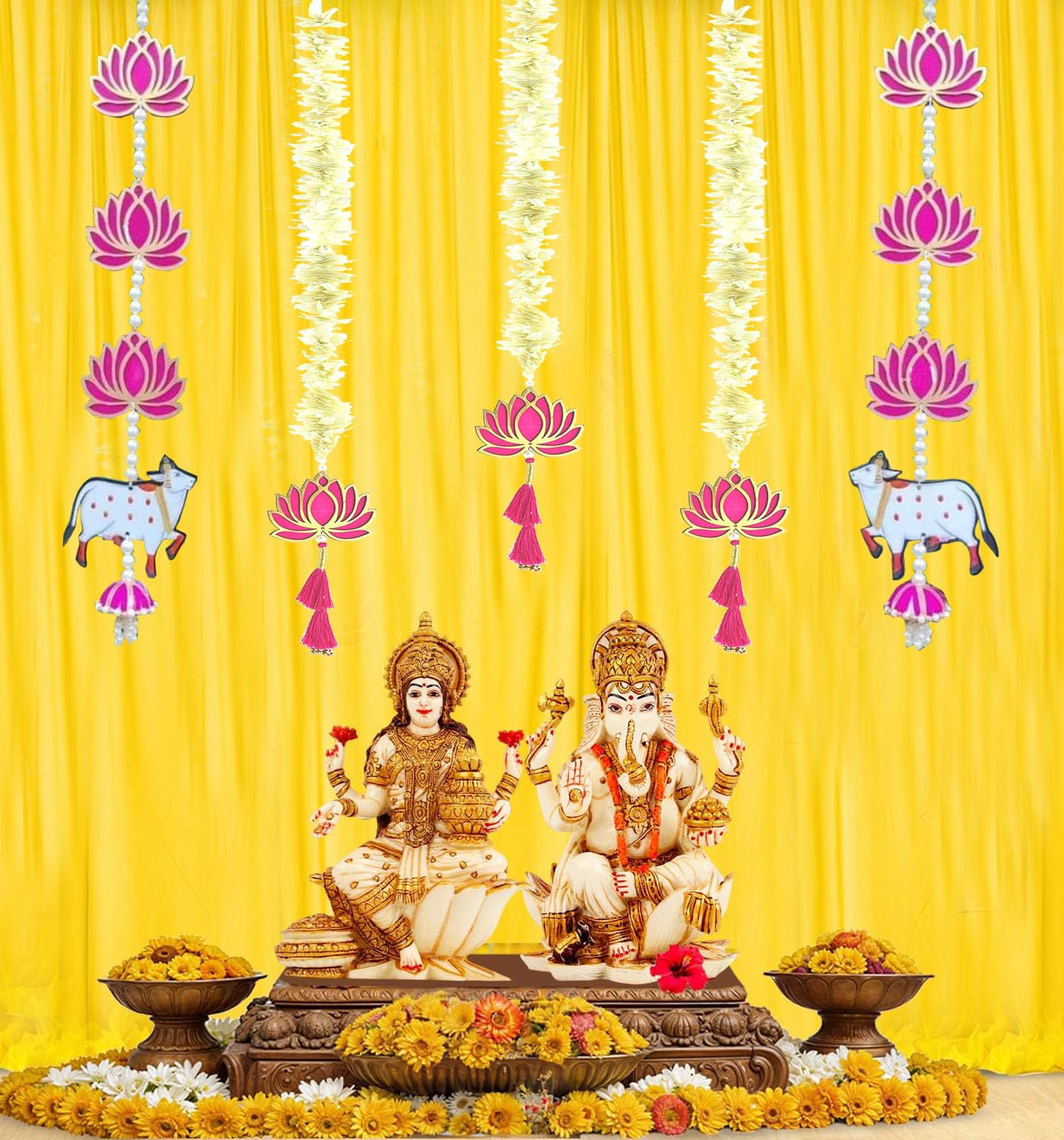 BENAVJI Handmade Artificial Flower Garland with Lotus & Cow Hanging for Decoration ? White & Pink Wall Hanging Toran for Pooja Room, Diwali, Home Temple, Wedding & Festival Decor (Set of 5) - Image 5 thumbnail