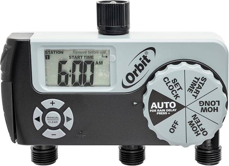 Orbit Programmable Digital Hose Watering Timer, 3 Outlet, Black - 56233 | 3-Outlet Digital Timer with Independent Valve Control for Custom Zone Scheduling & Efficient Garden Watering