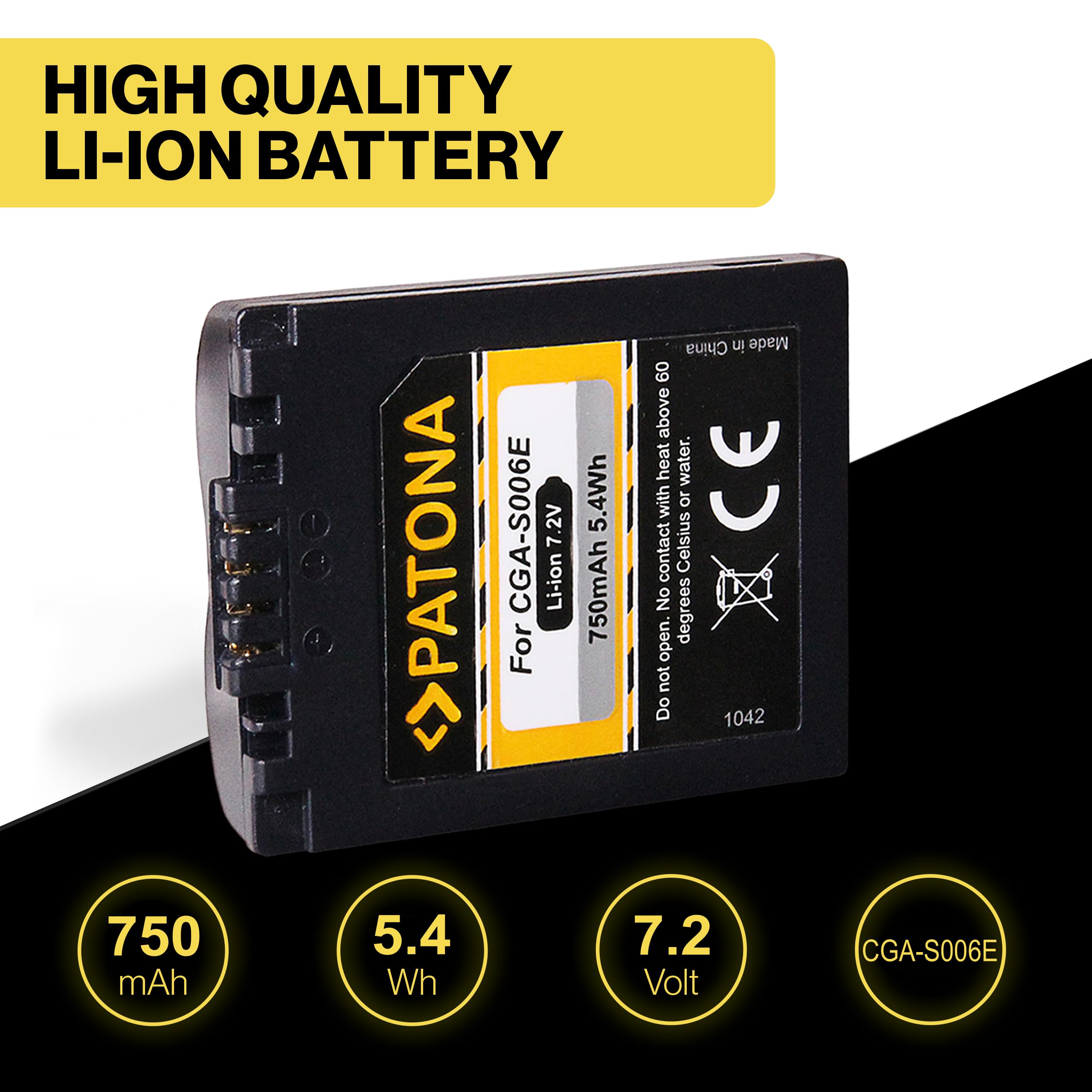 PATONA CGA-S006E Batteria 750mAh compatibile con Panasonic Lumix DMC-FZ7 FZ8 FZ18 FZ28 FZ30 FZ35 FZ38 FZ50 DMC FZ 7 8 18 28 30 35 38 50 Leica V-Lux Lux 1 CGAS006E CGA CGR S006E S006 E