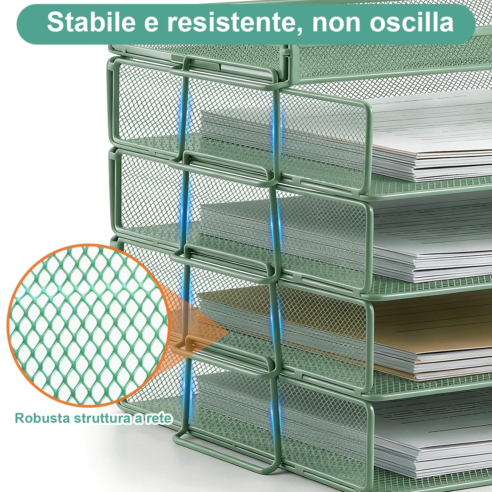 Portadocumenti impilabile per fogli A4, organizer scrivania con 4 scomparti e 1 portapenne, adatto a documenti A4, portadocumenti da scrivania in metallo, porta documenti ufficio scrivania (verde)