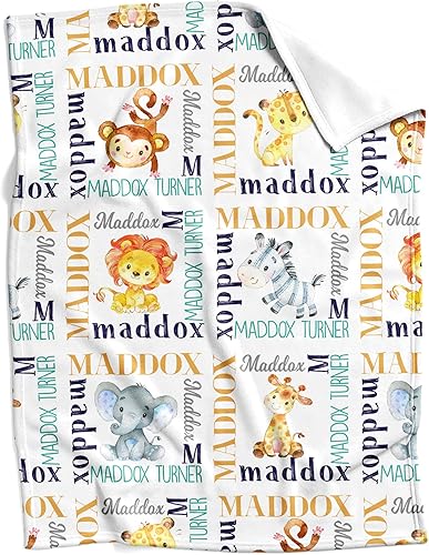 Honestchi Safari - Mantas de bebé personalizadas para niños, regalos de bebé personalizados con nombre, manta de bebé personalizada, regalo de niño